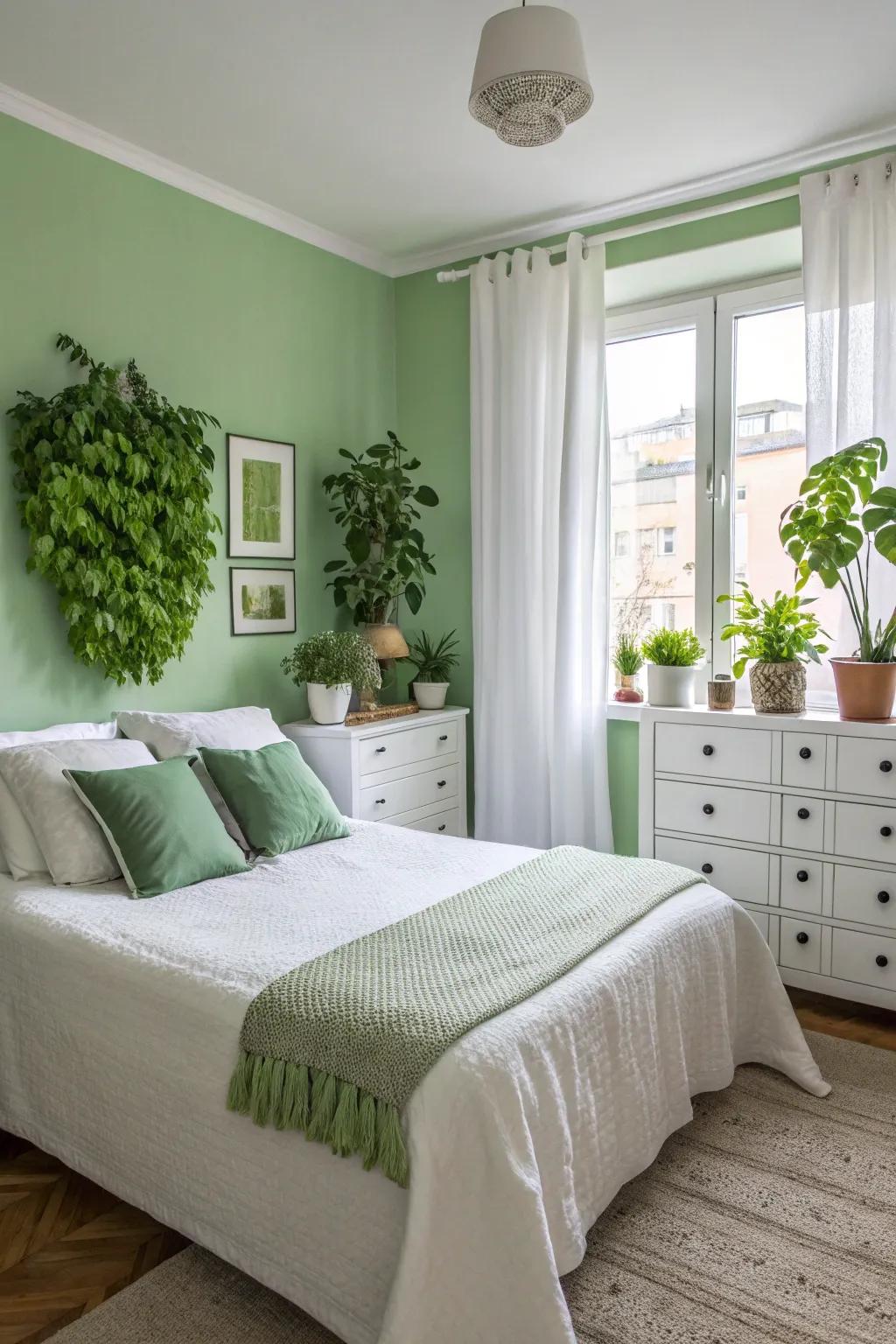 A fresh and pristine bedroom featuring a harmonious verdant and alabaster theme.