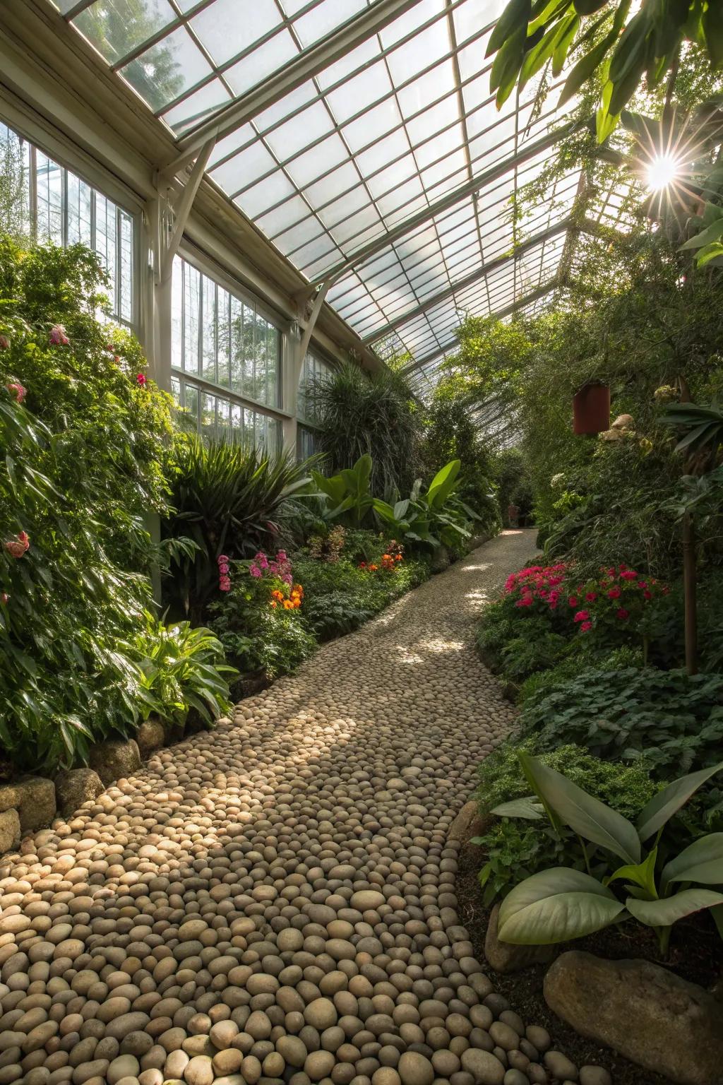 Gravel ground covering provides a tactile and natural surface.