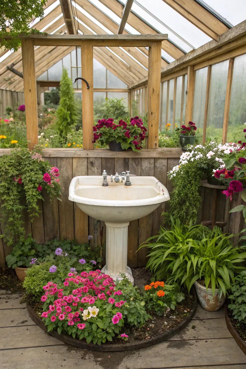 A playful sink garden that adds color and charm to a greenhouse.