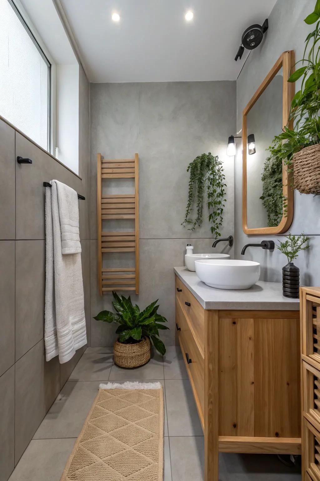 Cloud grey walls provide a chic and unpretentious foundation in this minimalist bathroom.