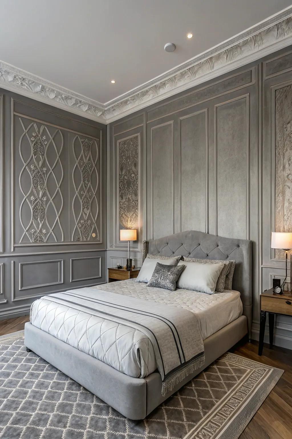 Grey wood panelling adds elegance and texture.