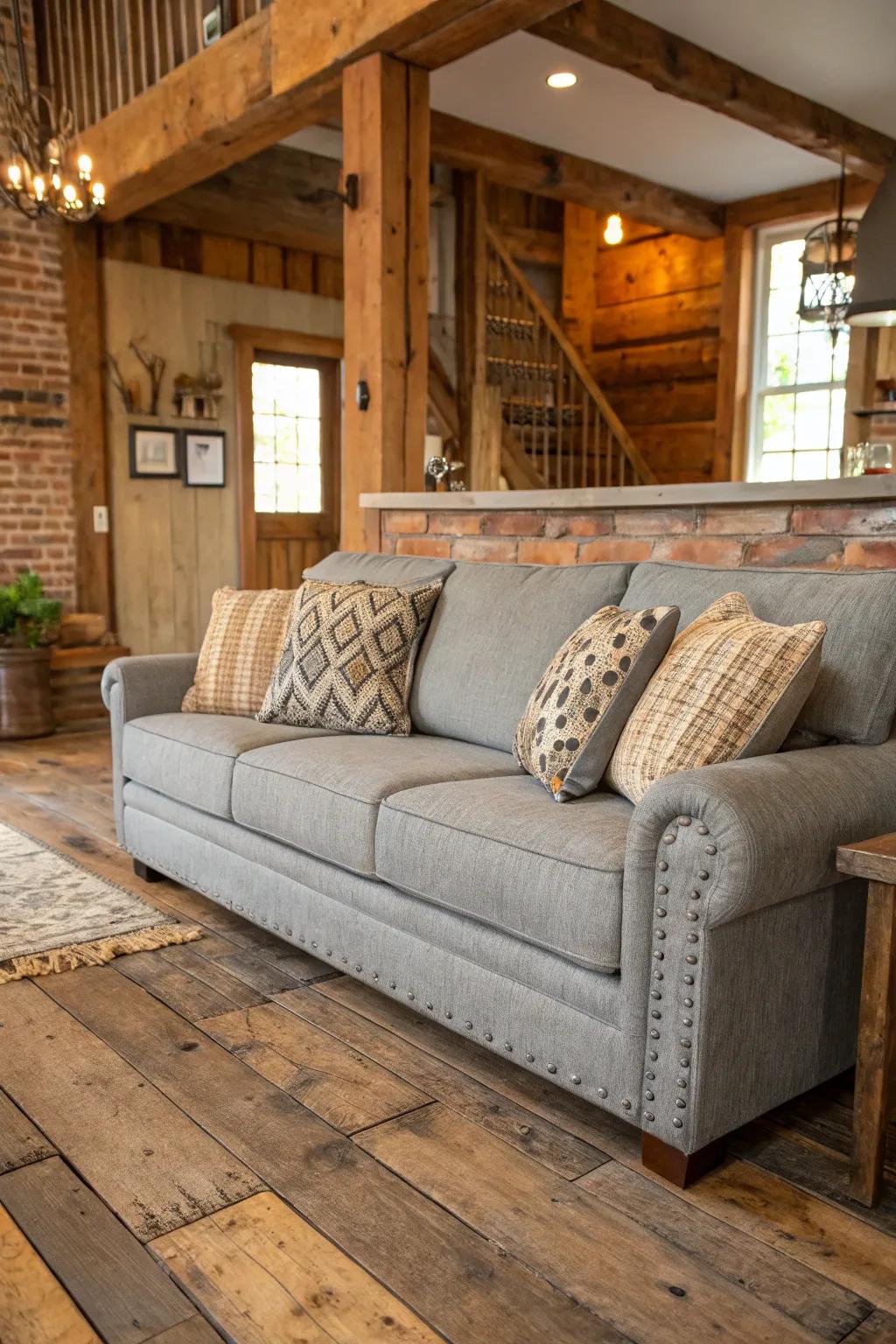 Countryside details add charm to a charcoal sofa setting.