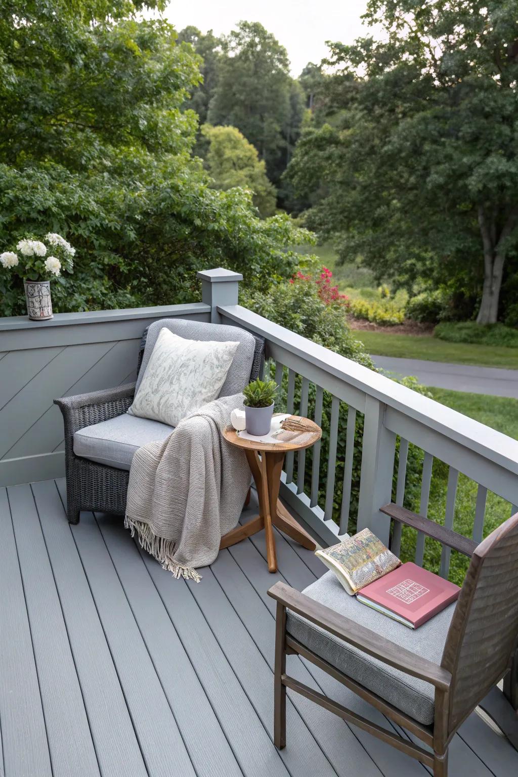 A private reading area on a serene grey patio.