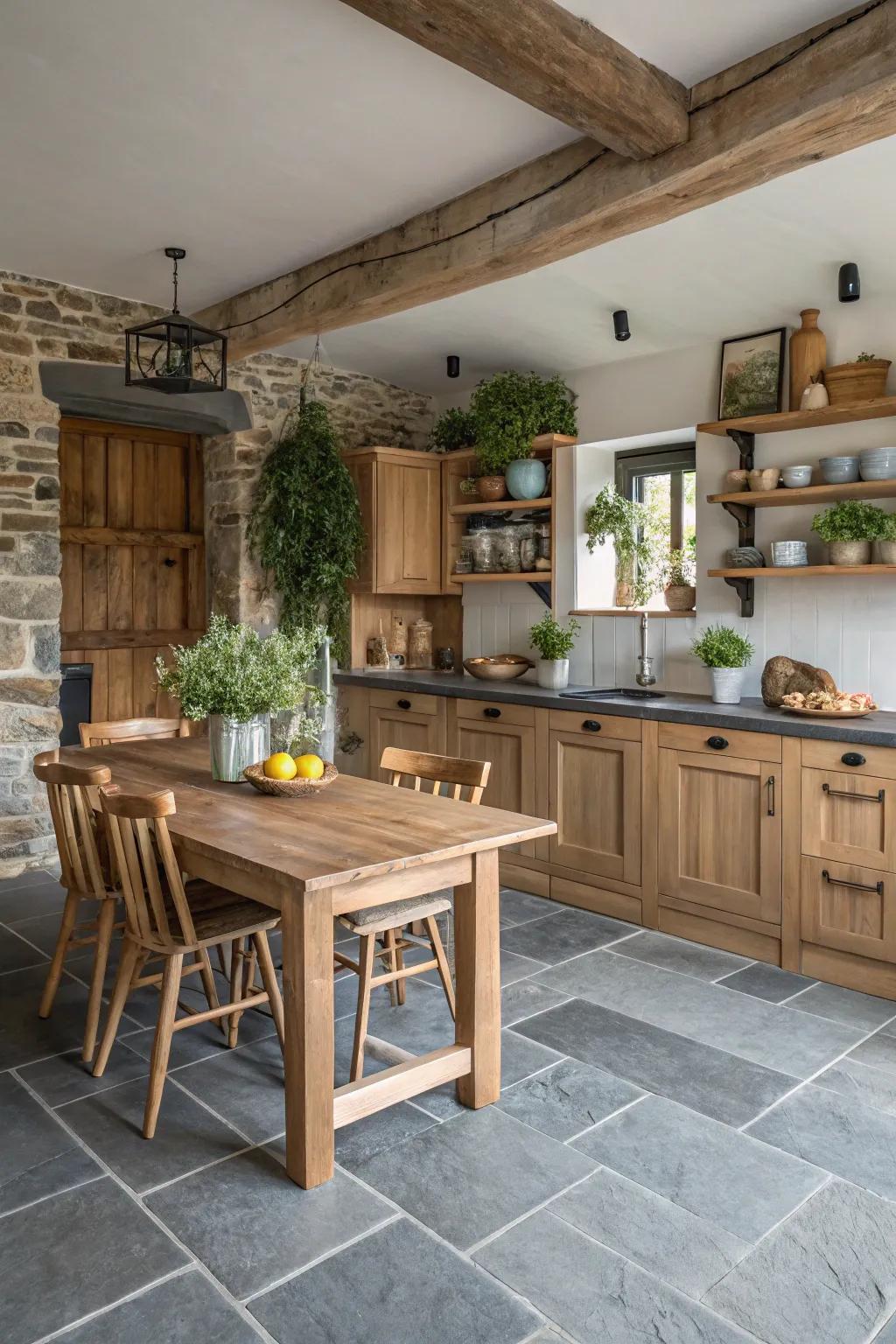 Greyish slate flooring adds natural charm to this countryside cooking space.