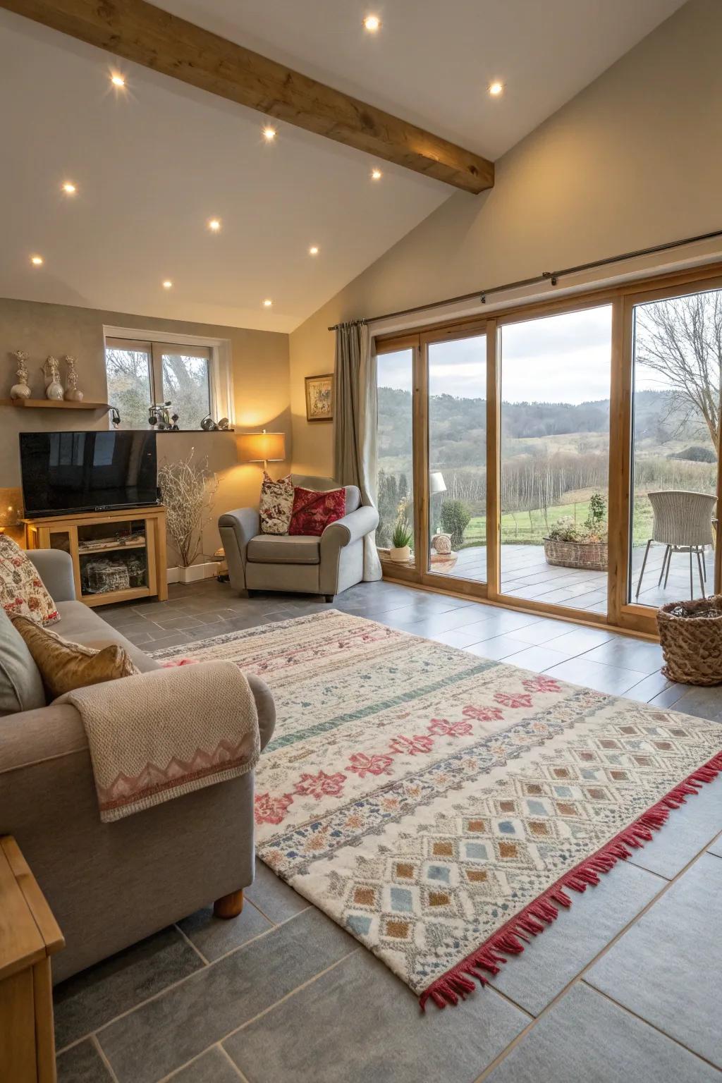 Floor coverings help mark off spaces on grey flooring.