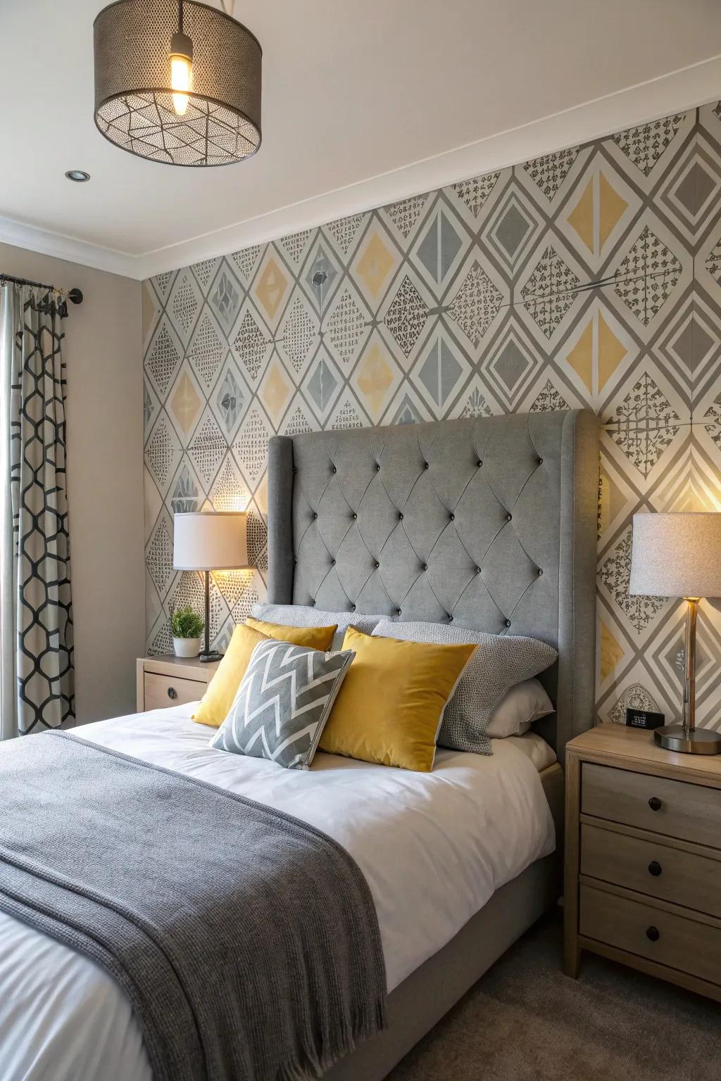 Angular designs add a modern twist to a bedroom with a stone-toned headboard.