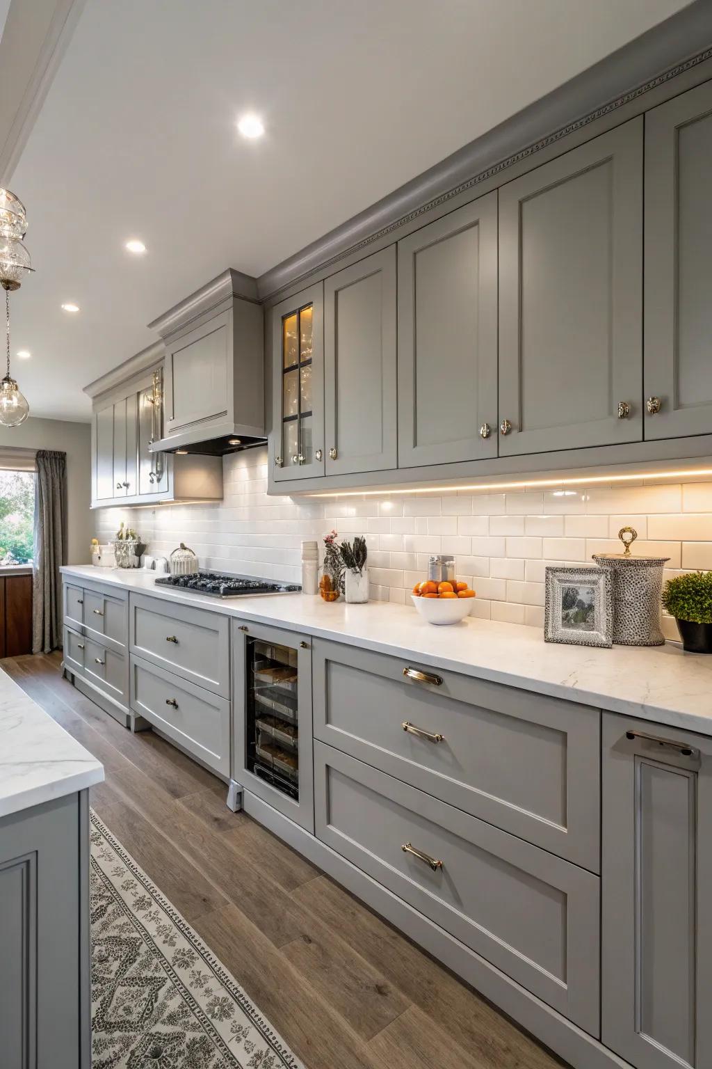 Grey and alabaster unite for a quintessential, ageless kitchen style.