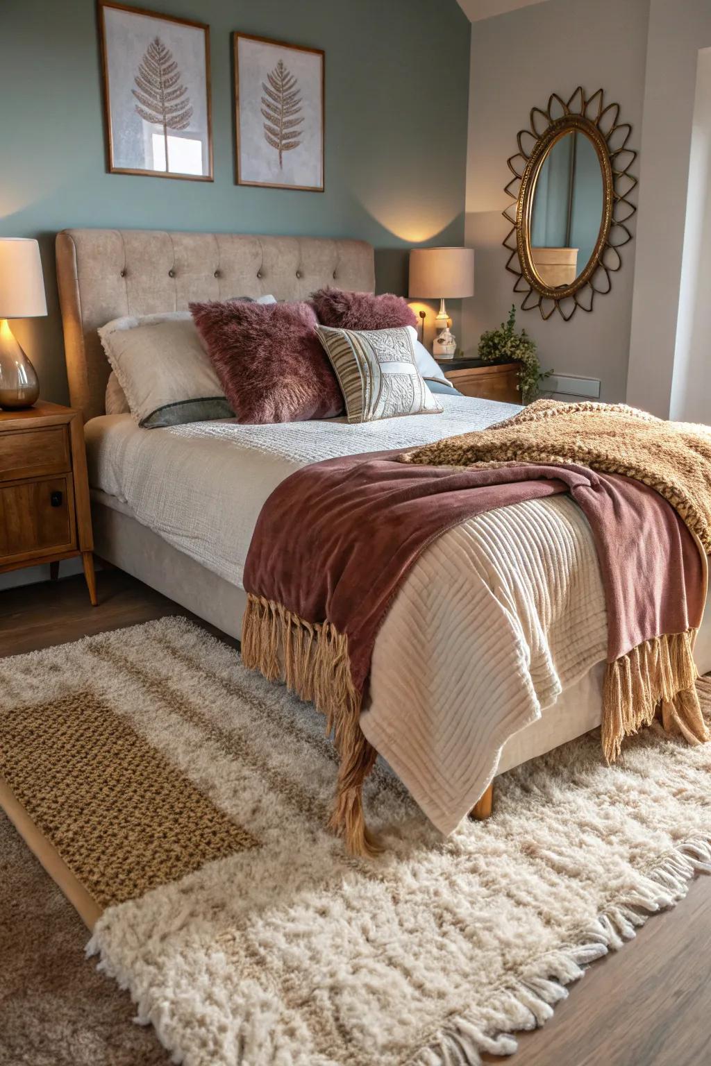Mixing tactile qualities appends profundity and renders the space welcoming.