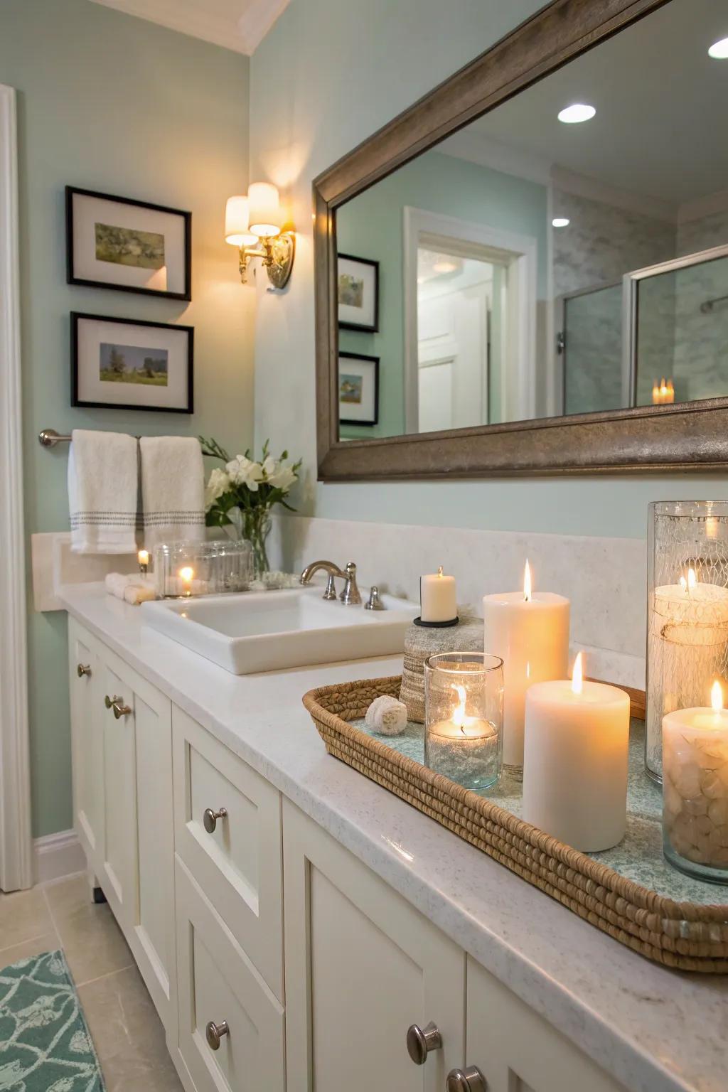 A guest bathroom featuring scented candles that create a calming atmosphere.