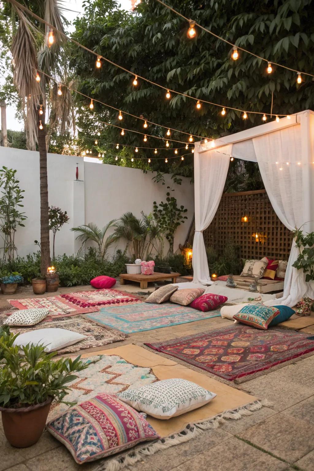 Boho outdoor settings invite relaxation and enjoyment.