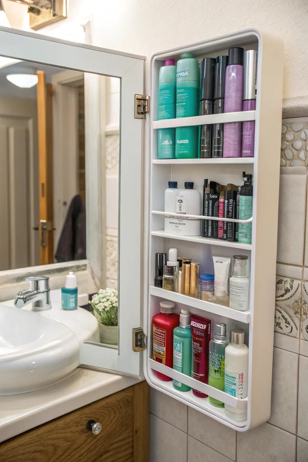 Sleek hidden storage behind the mirror for a clutter-free aesthetic.
