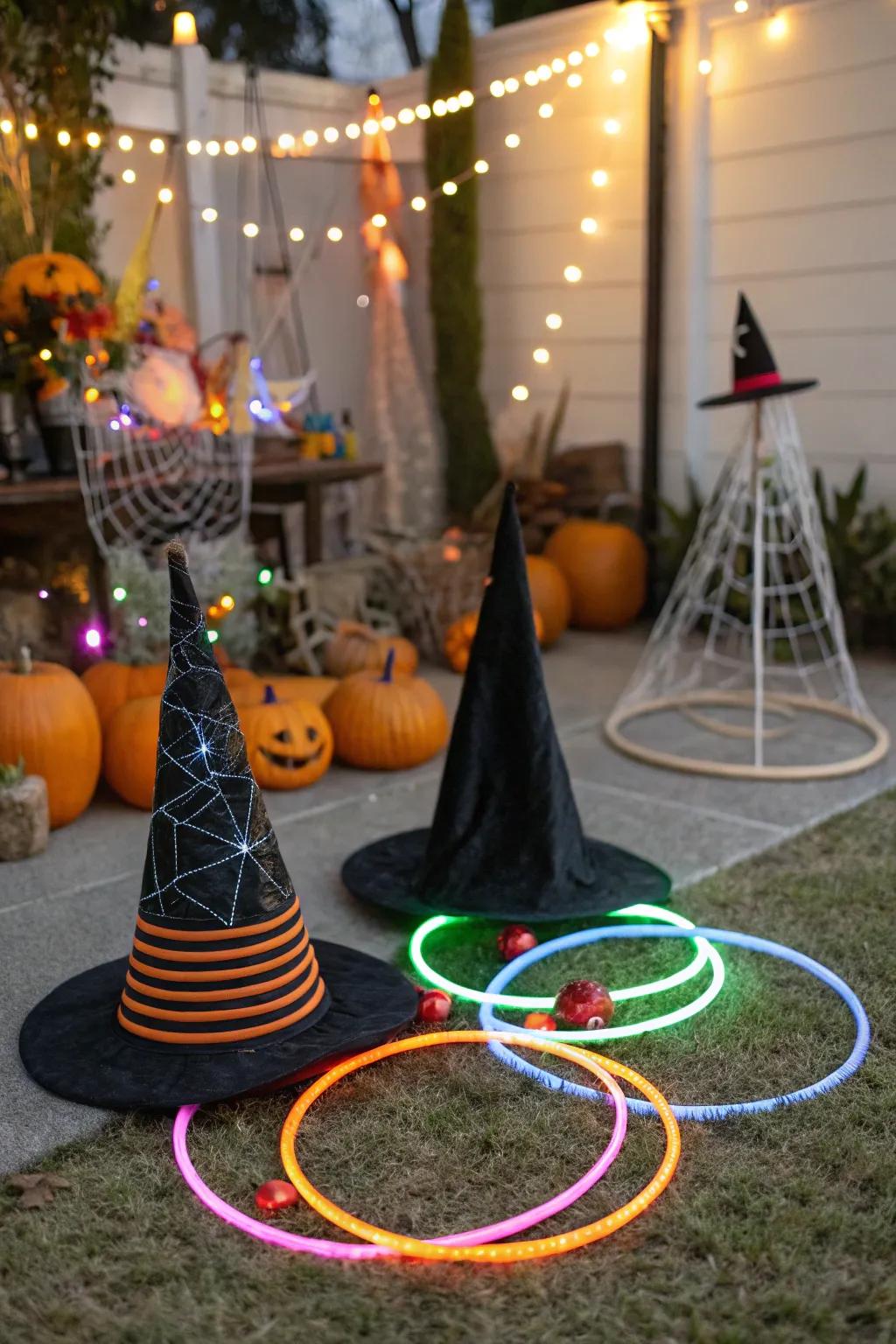 A witch hat ring toss game brings playful fun to the celebration.
