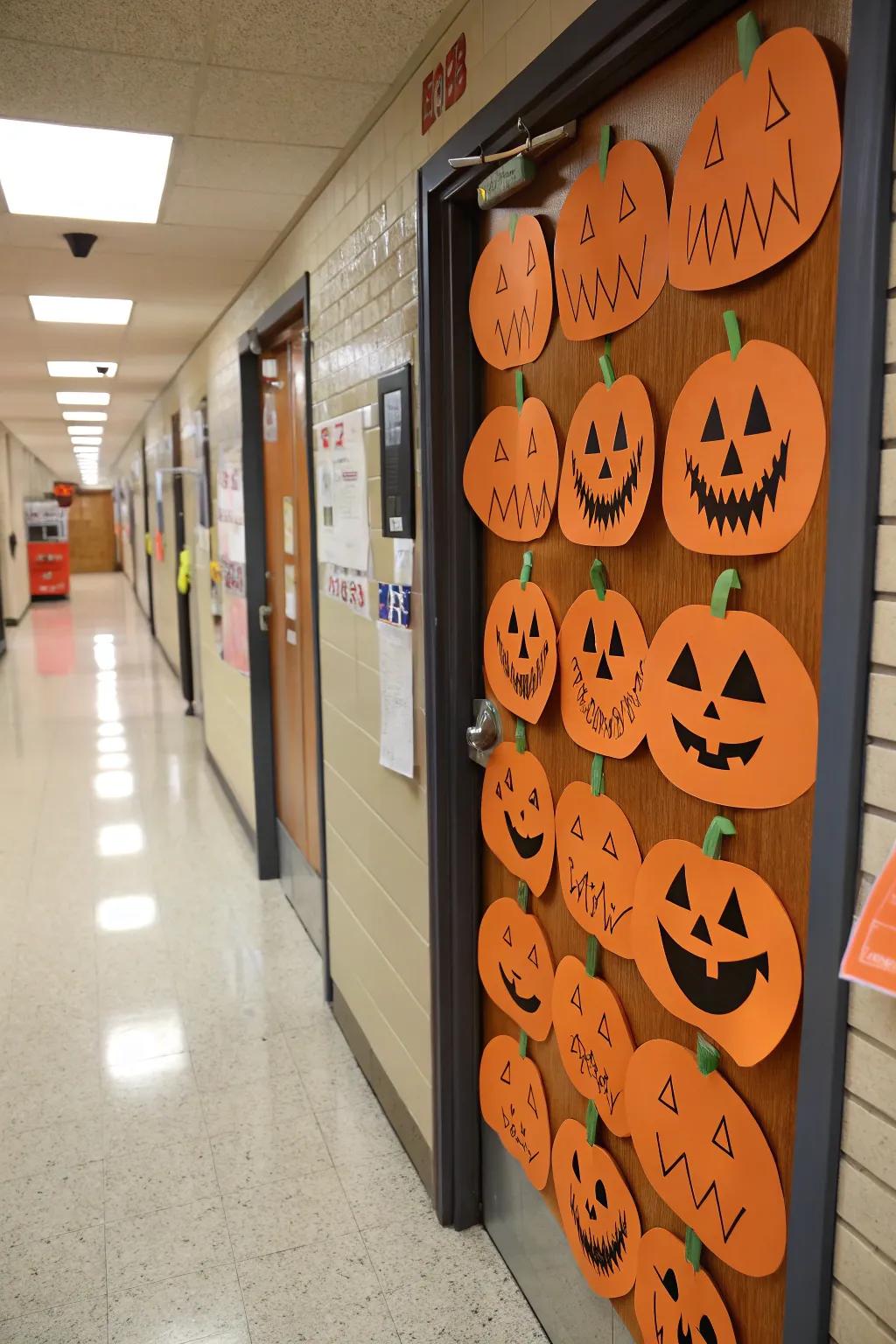 An entrance adorned with jack-o'-lanterns, each possessing a unique expression.