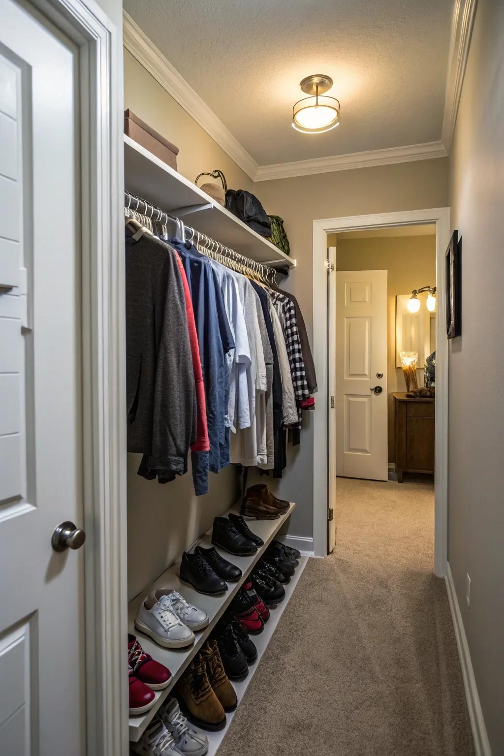 A rod that comes down in a hallway closet for storing more hanging items.
