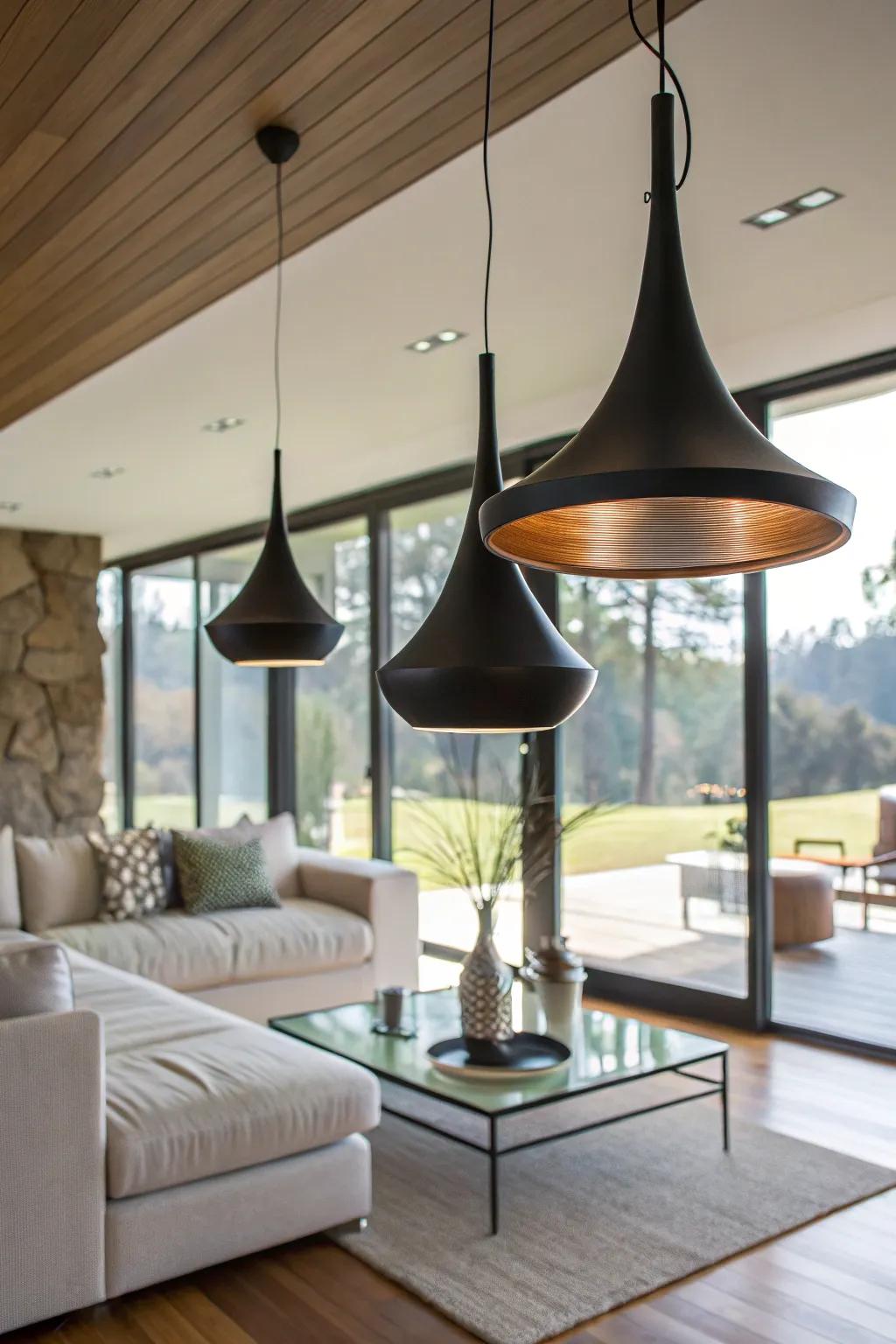 Sculptural lights add a dramatic artistic flair.