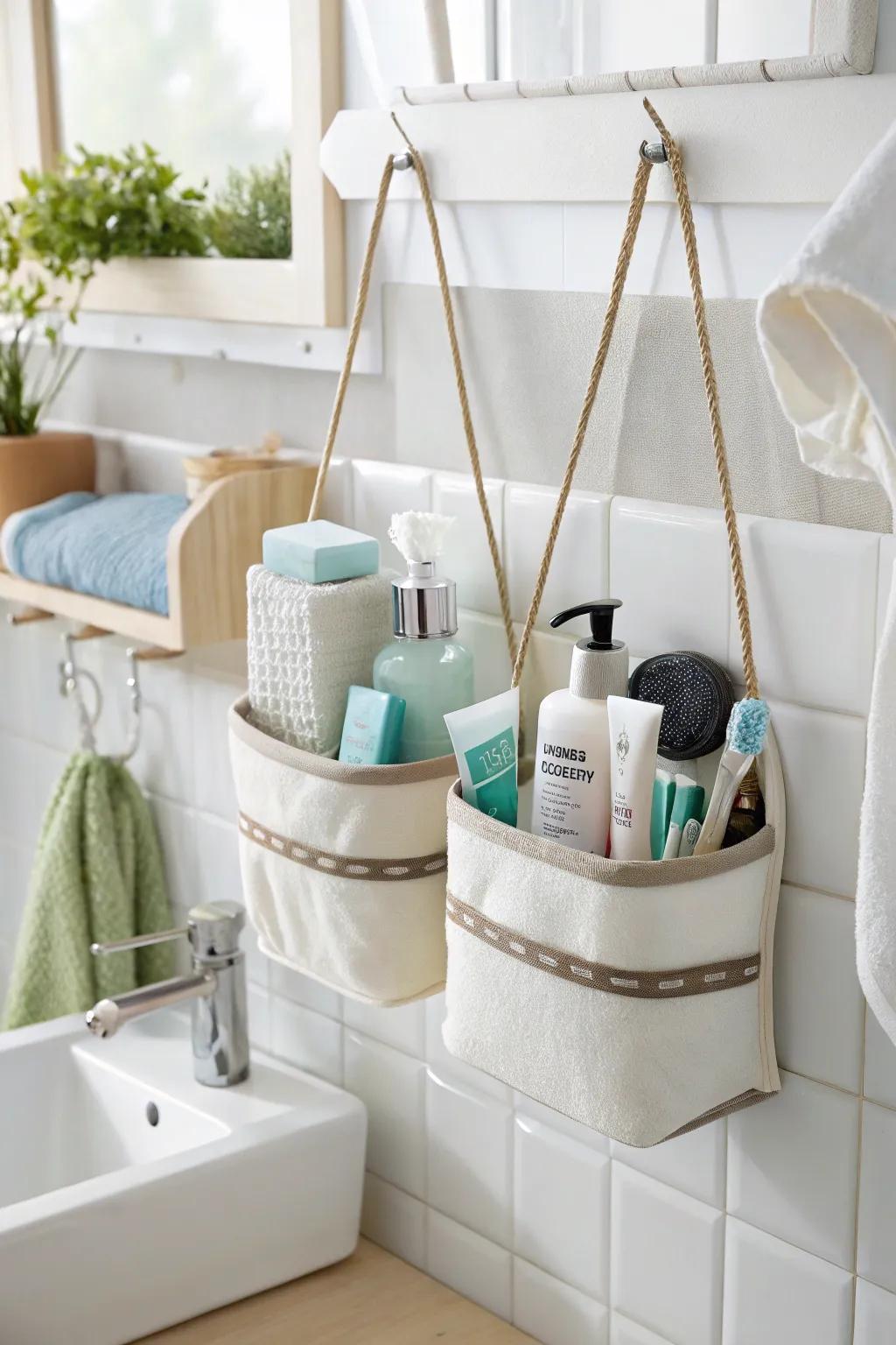 Streamline your bathroom through caddies that hang.