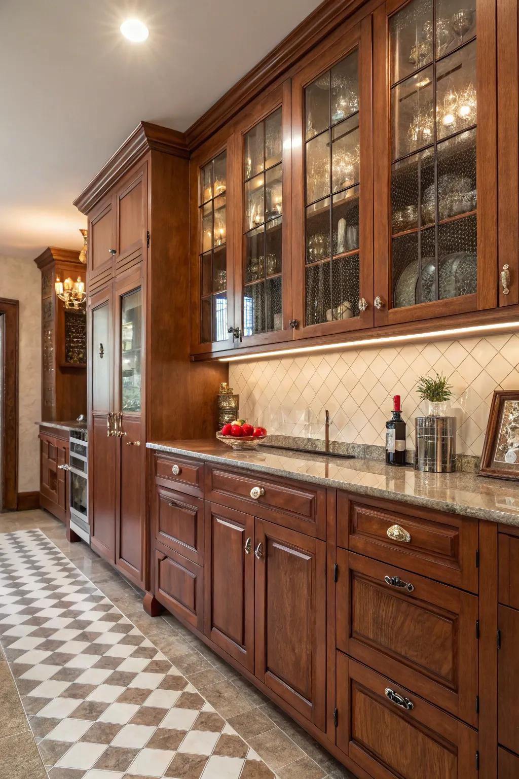 Heritage glass pulls introduce heritage charm to cherry wood cabinets.