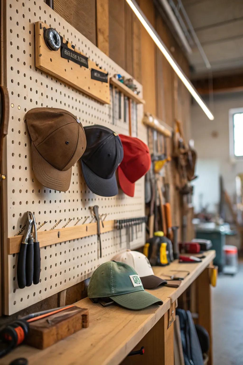 Hats are suspended on a pegboard wall.