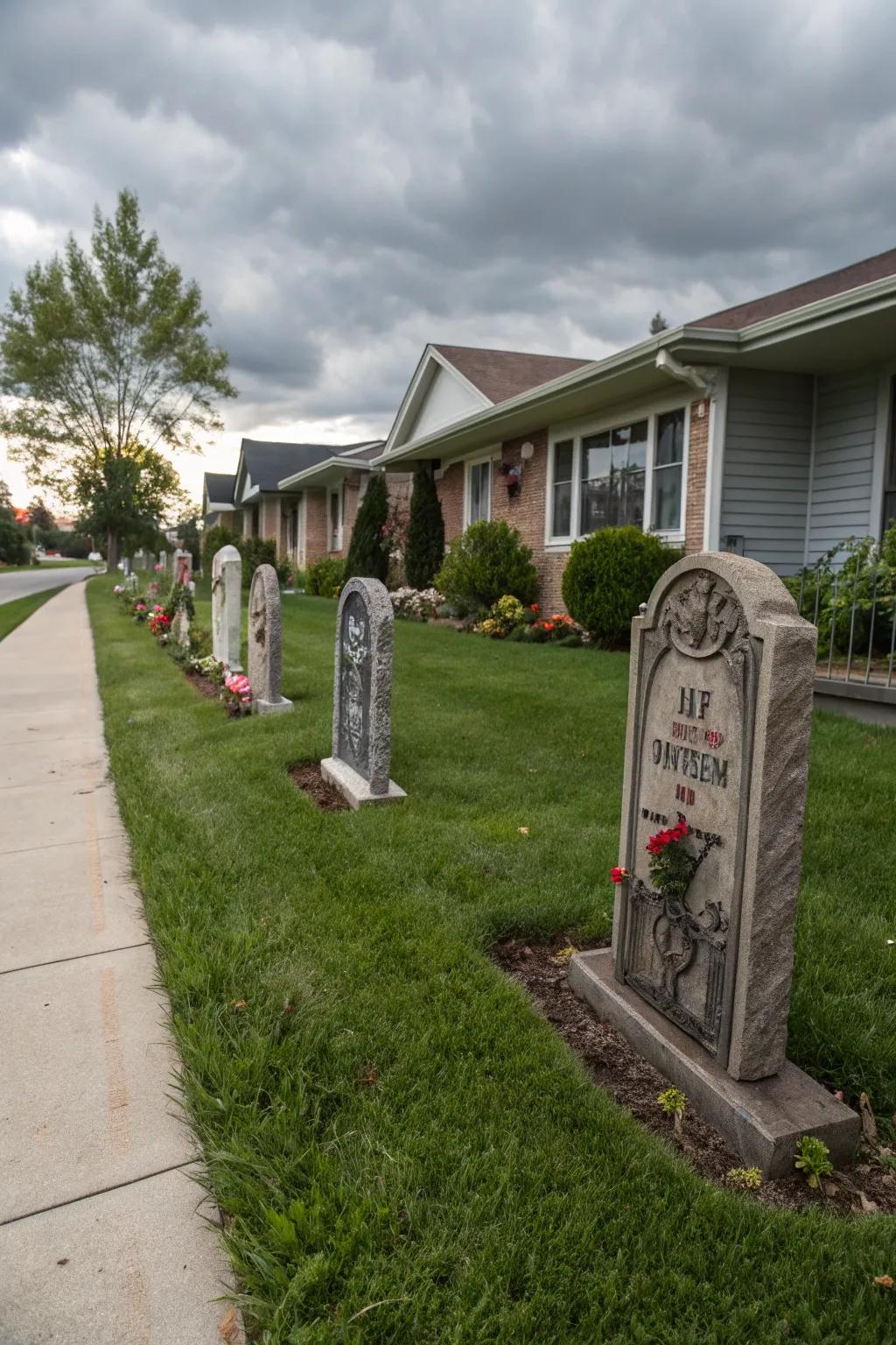 Grave markers transform your verdant space into a spooky cemetery.