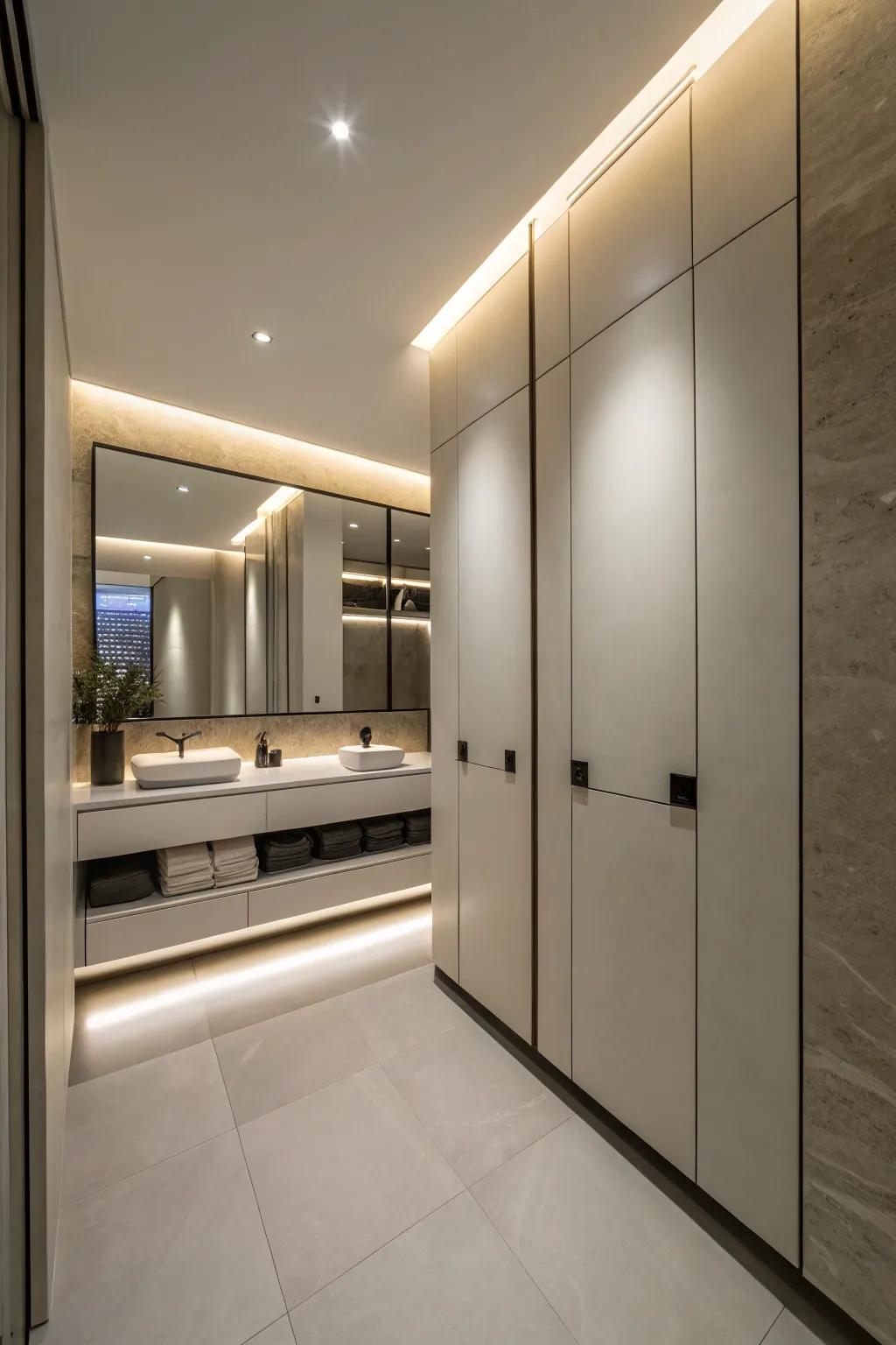 Architectural forms in a bathroom concealing holding solutions.
