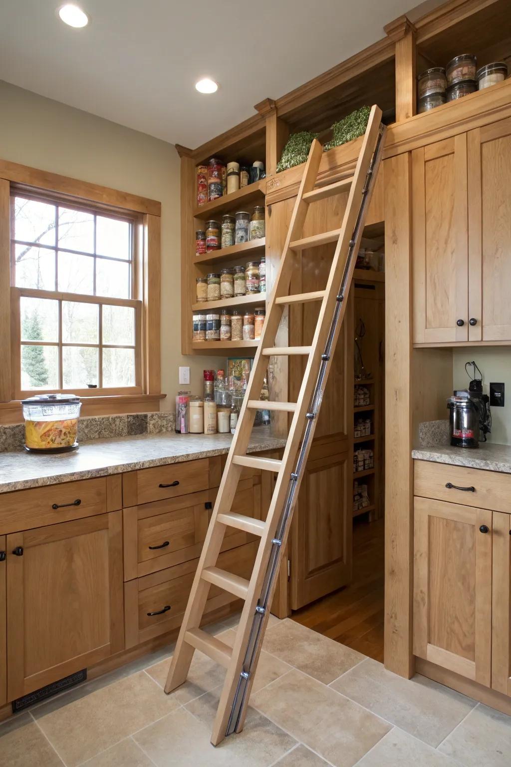 A gliding ladder affords access to elevated racks in a concealed larder.