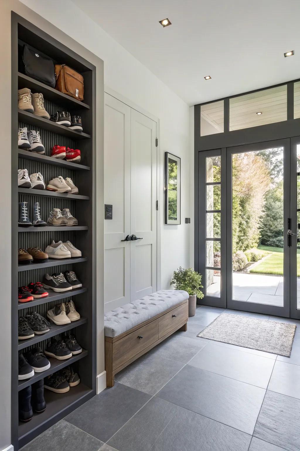 Magnetized shoe storage merges aesthetics with practicality.
