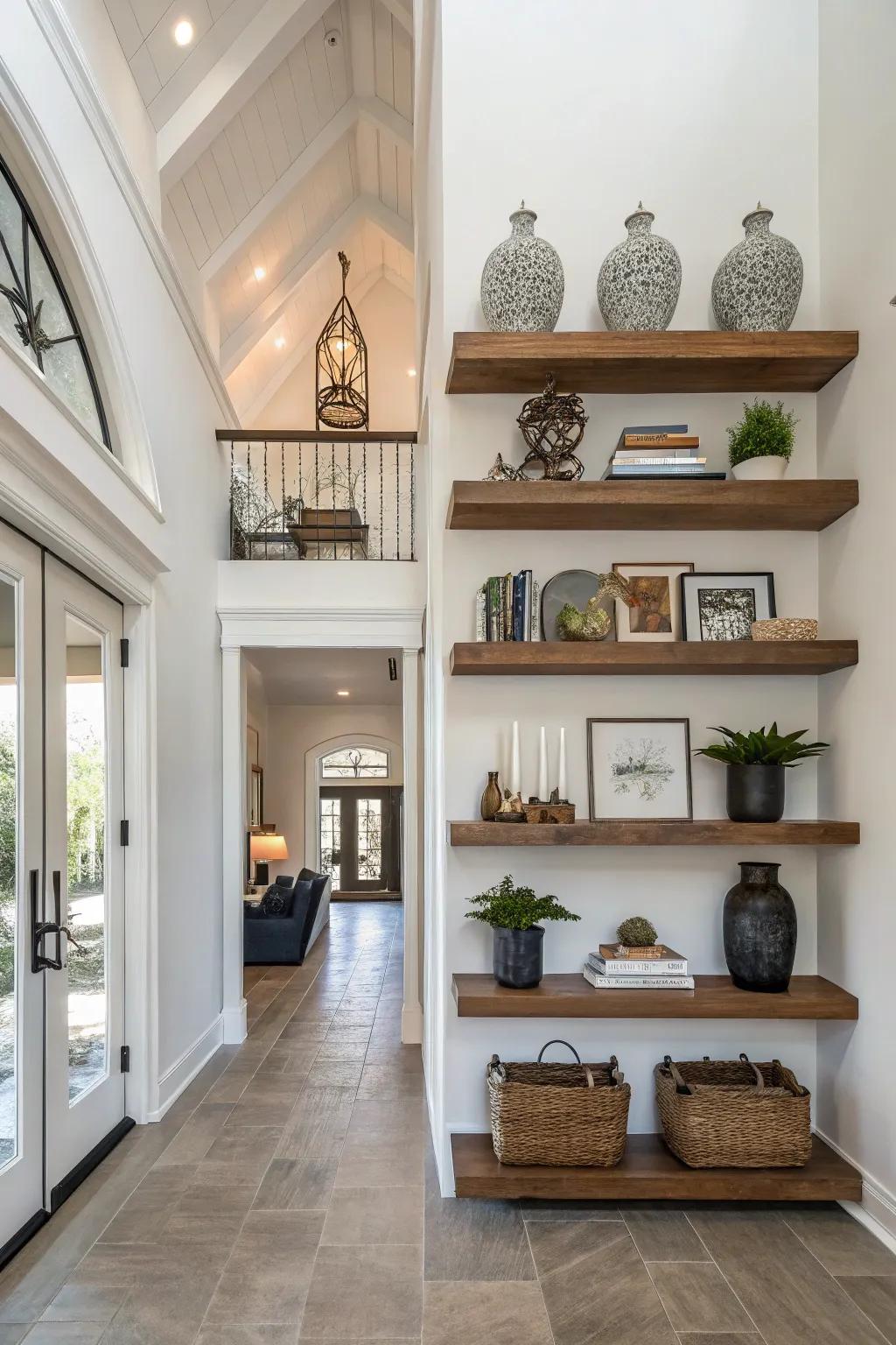 Floating shelves add depth and display opportunities.