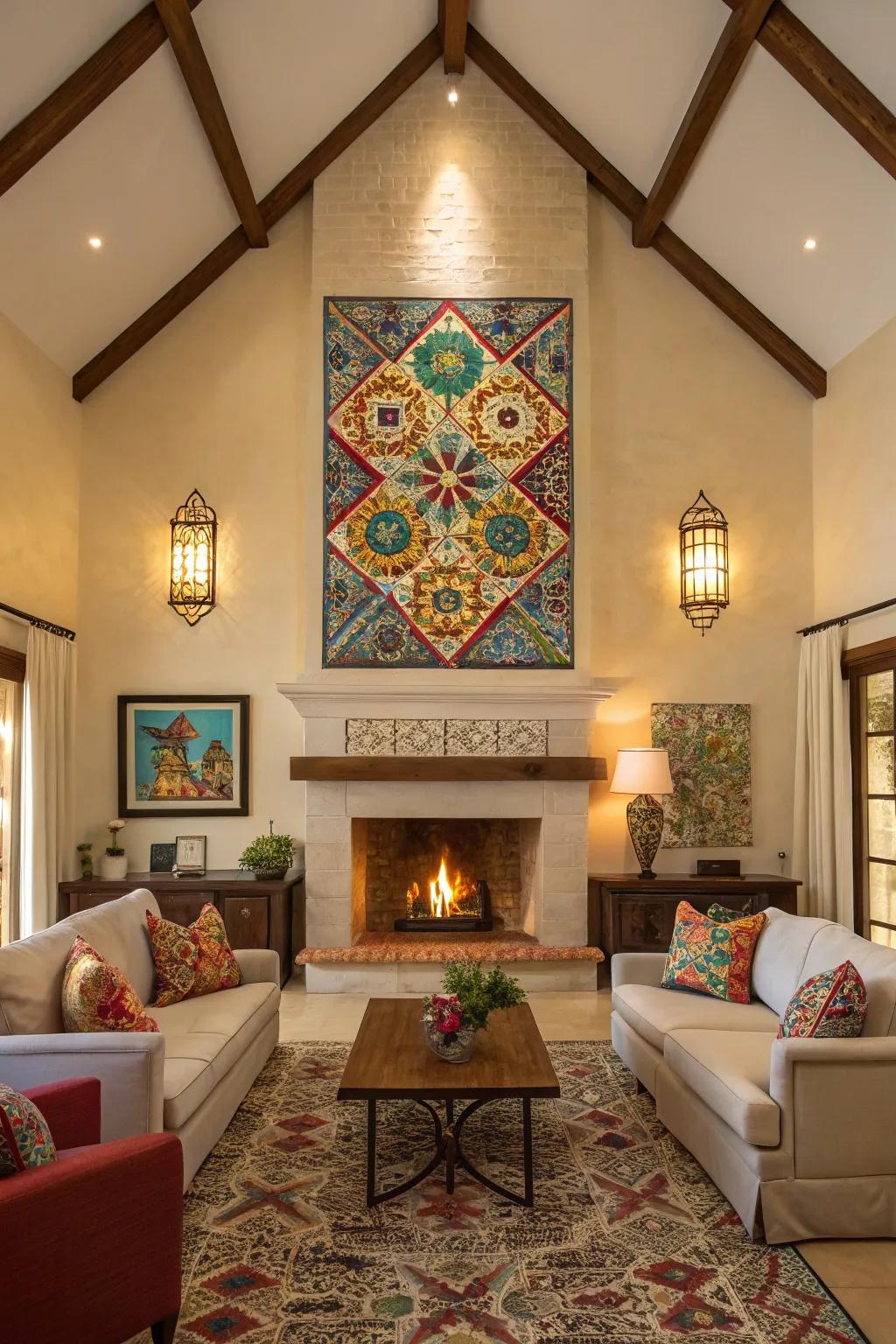 Mosaic art introduces vibrant color and surface interest.