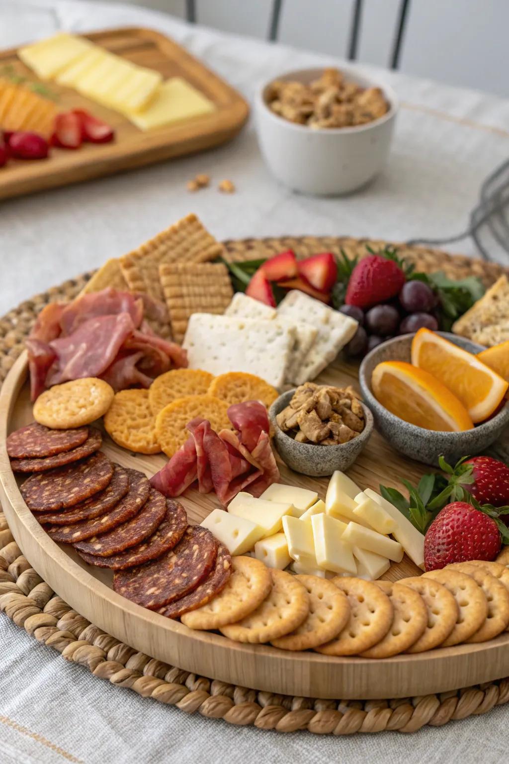 A charcuterie board with an array of cracker varieties.