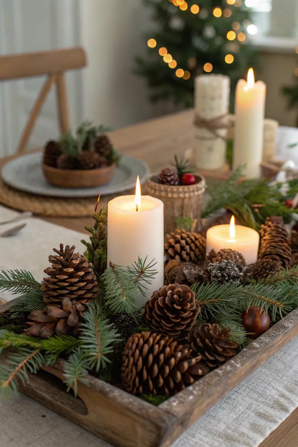 Natural elements create a rustic holiday display.