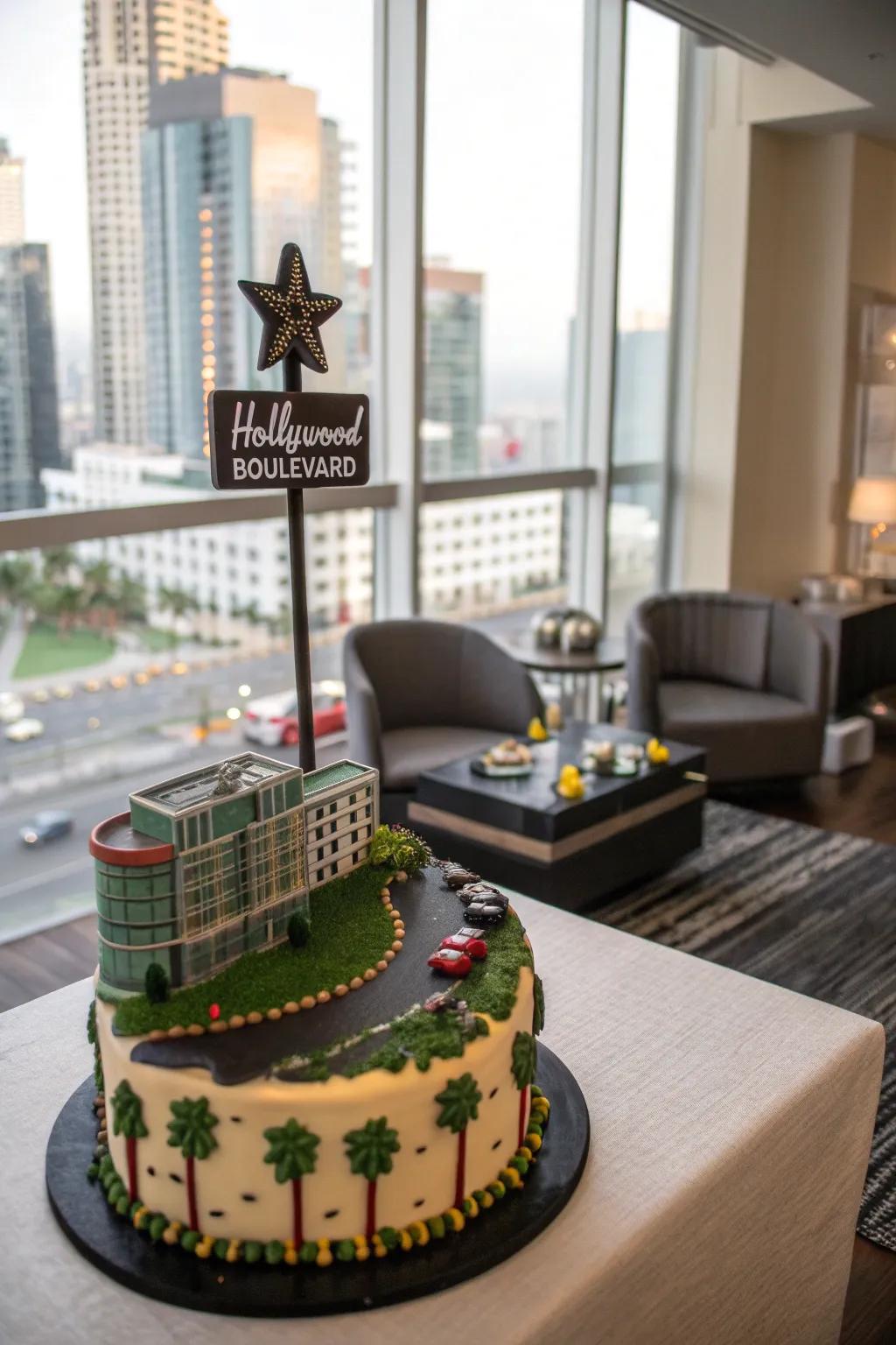 A vibrant cake capturing the essence of Hollywood Thoroughfare.