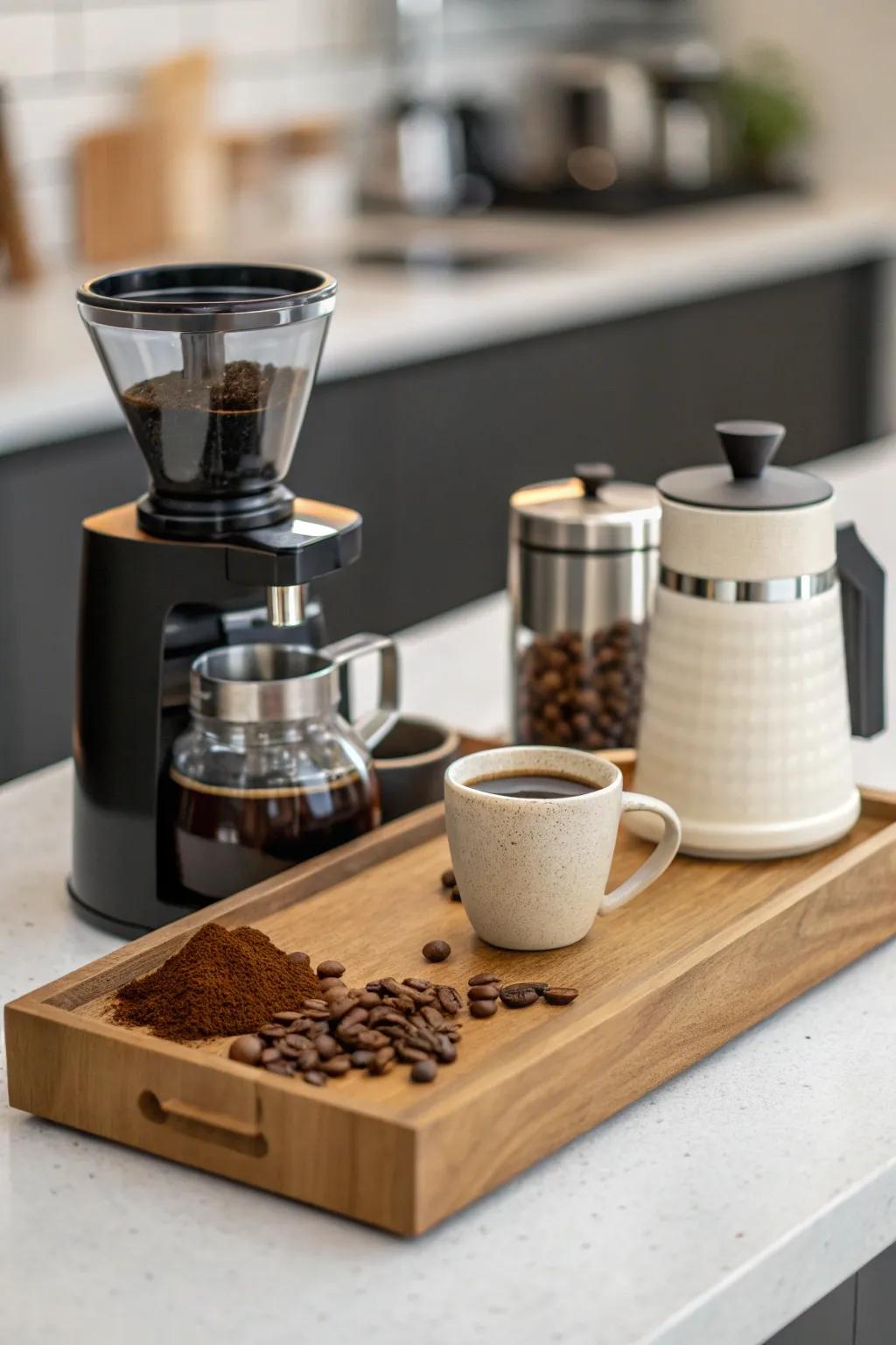 A simple coffee station provides a peaceful and focused space for coffee lovers.