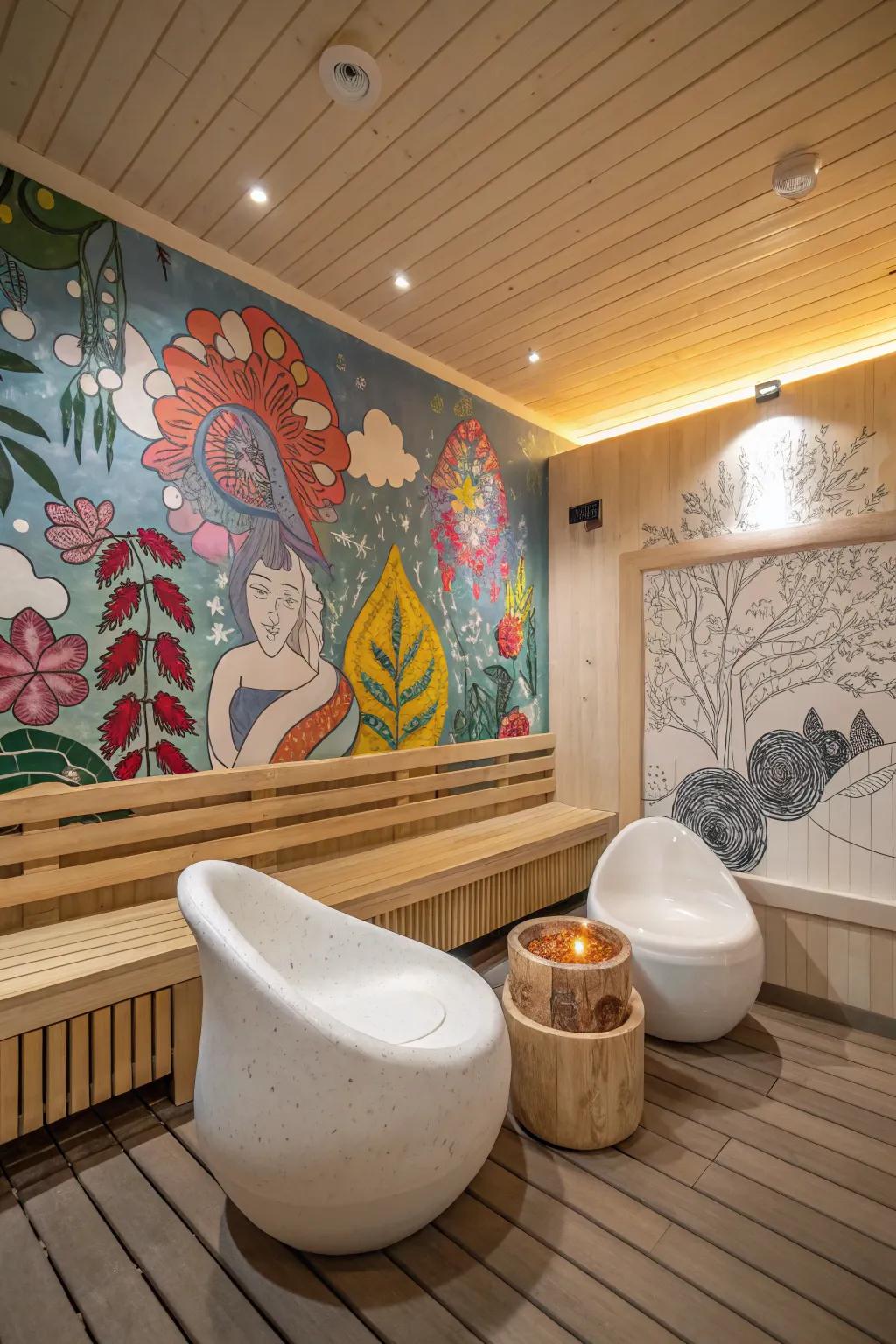 Creative features add personality and warmth to this sauna.