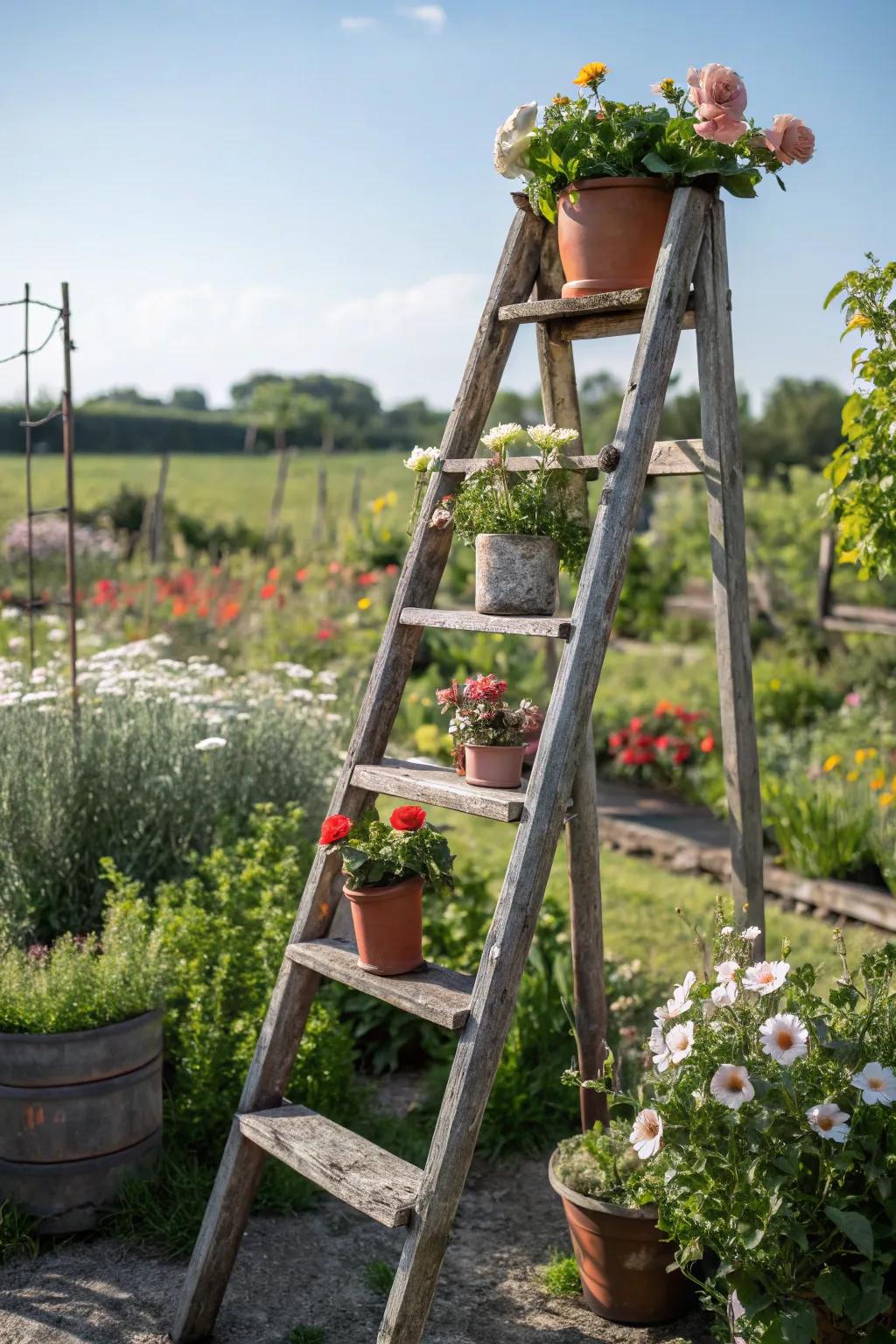 Use a vintage ladder to create a unique plant stand.