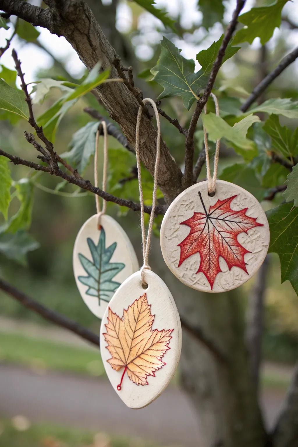 Clay leaf impression ornaments capturing the essence of nature on the tree.