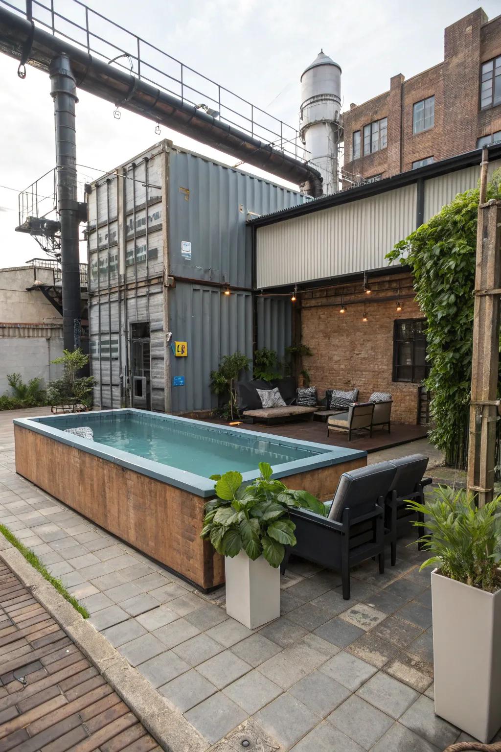 A unique repurposed container pool featuring industrial chic design.