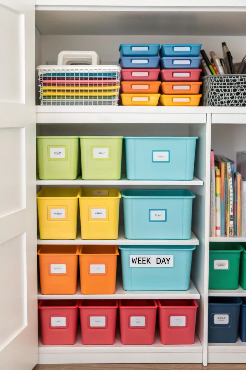 Boxes for weekly supplies help to plan materials in advance for easy homeschooling.