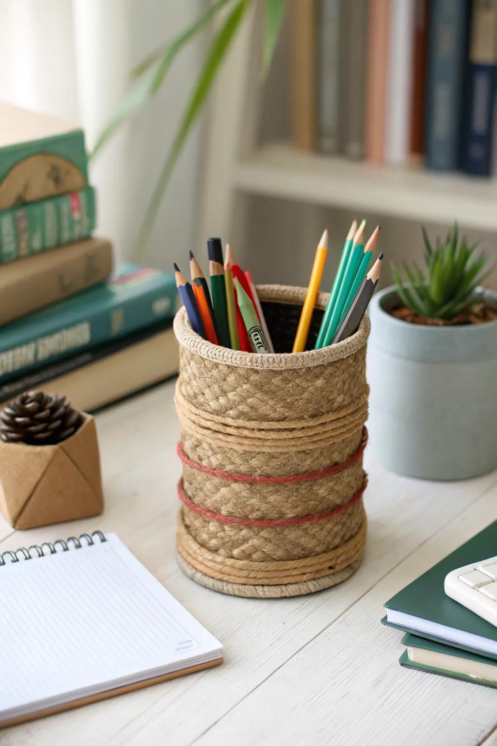 A creative pencil holder made from recycled materials.