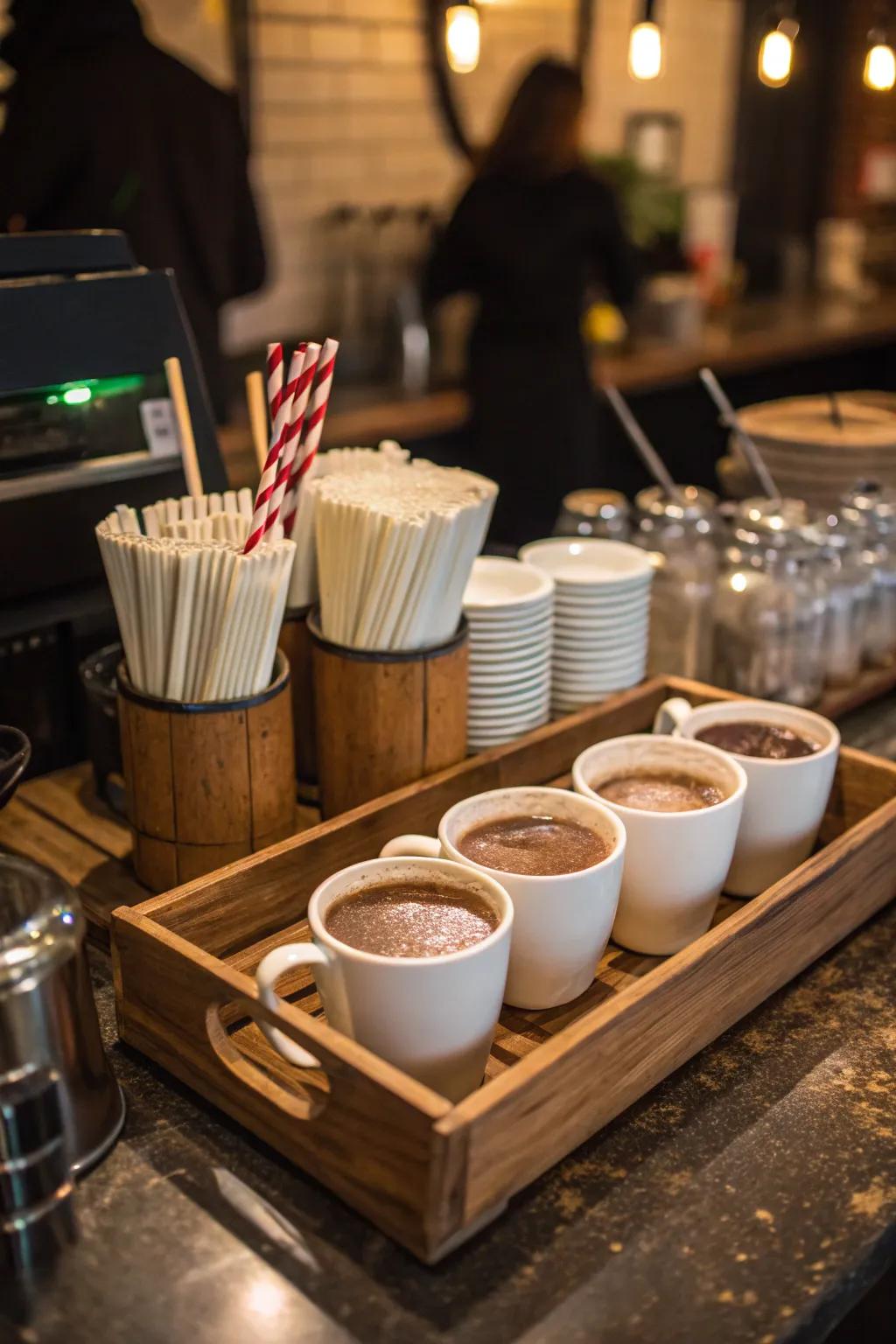 Sustainable elements like reusable pipes enhance your hot chocolate station.