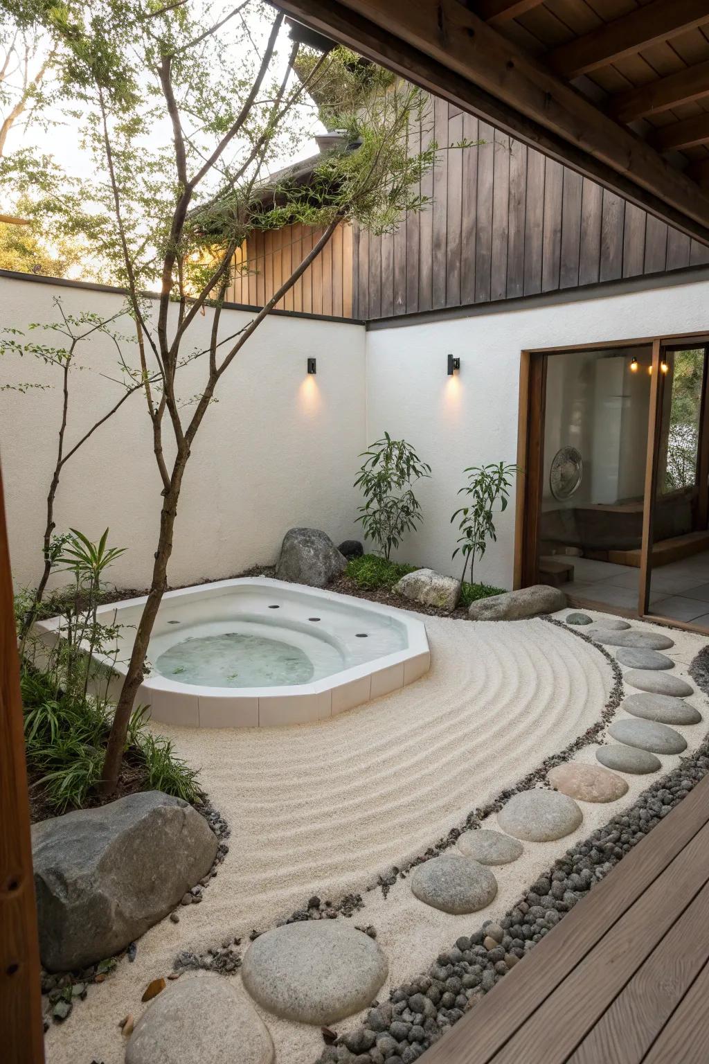 A Zen garden extends simplicity and tranquility to the <strong><em>hot tub</em></strong> area.” loading=”lazy” class=”pimg”>
	</picture><figcaption>A Zen garden extends simplicity and tranquility to the <strong><em>hot tub</em></strong> area.</figcaption></figure>
<p>Incorporate your <strong><em>hot tub</em></strong> into a Zen garden for ultimate serenity. I adore how the simplicity and tranquility of a Zen design complement the <strong><em>hot tub</em></strong> venture.</p>
<h3>A few suggestions:</h3>
<ul class=