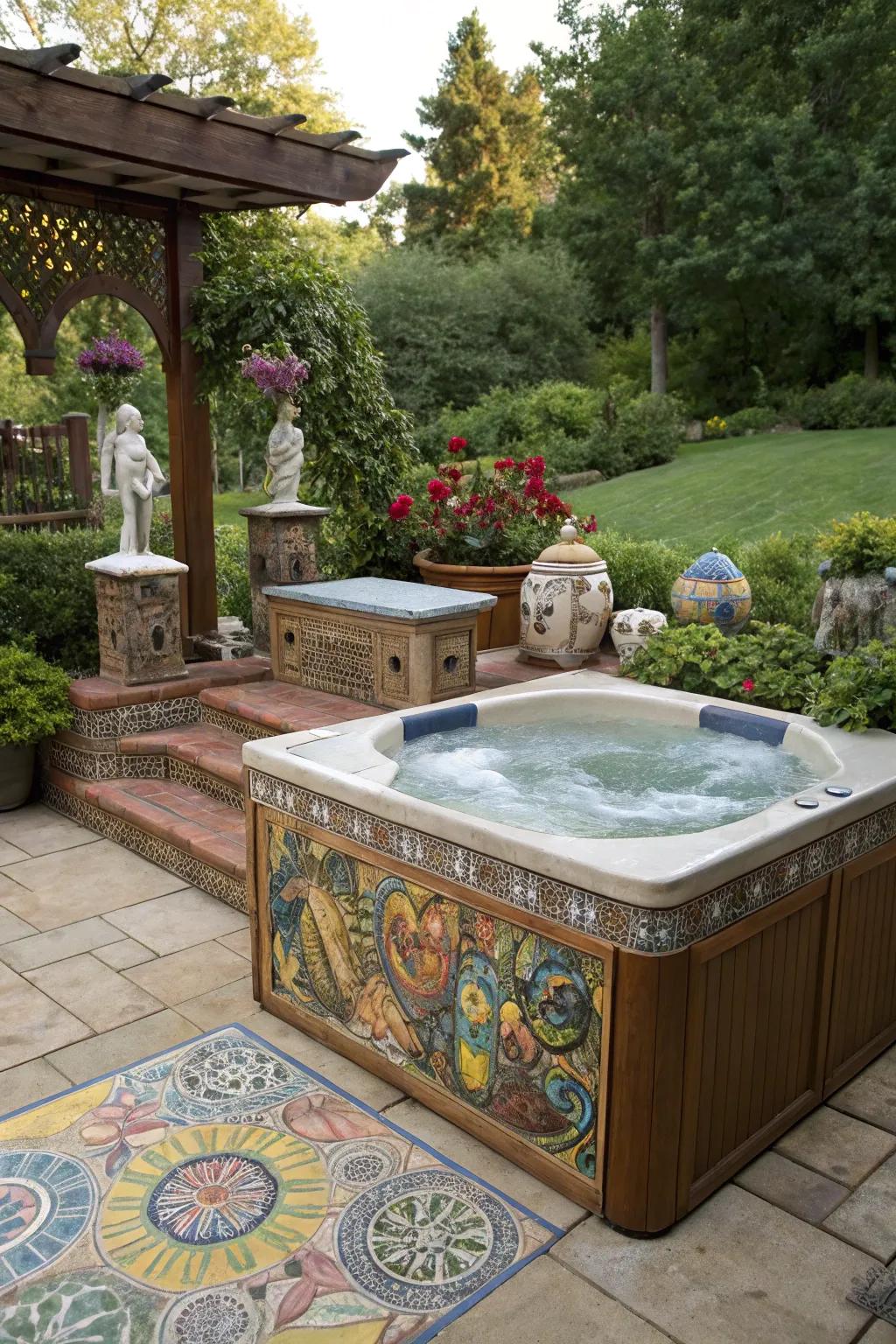 Enhance your hot tub area with artistic elements for a personalized touch.