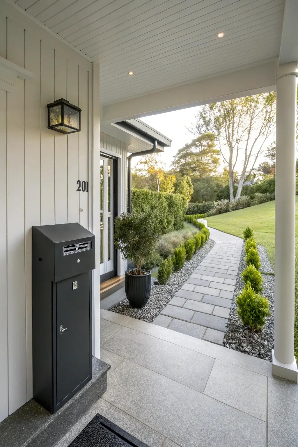 A sleek mailbox elevates the curb appeal of this modern porch.