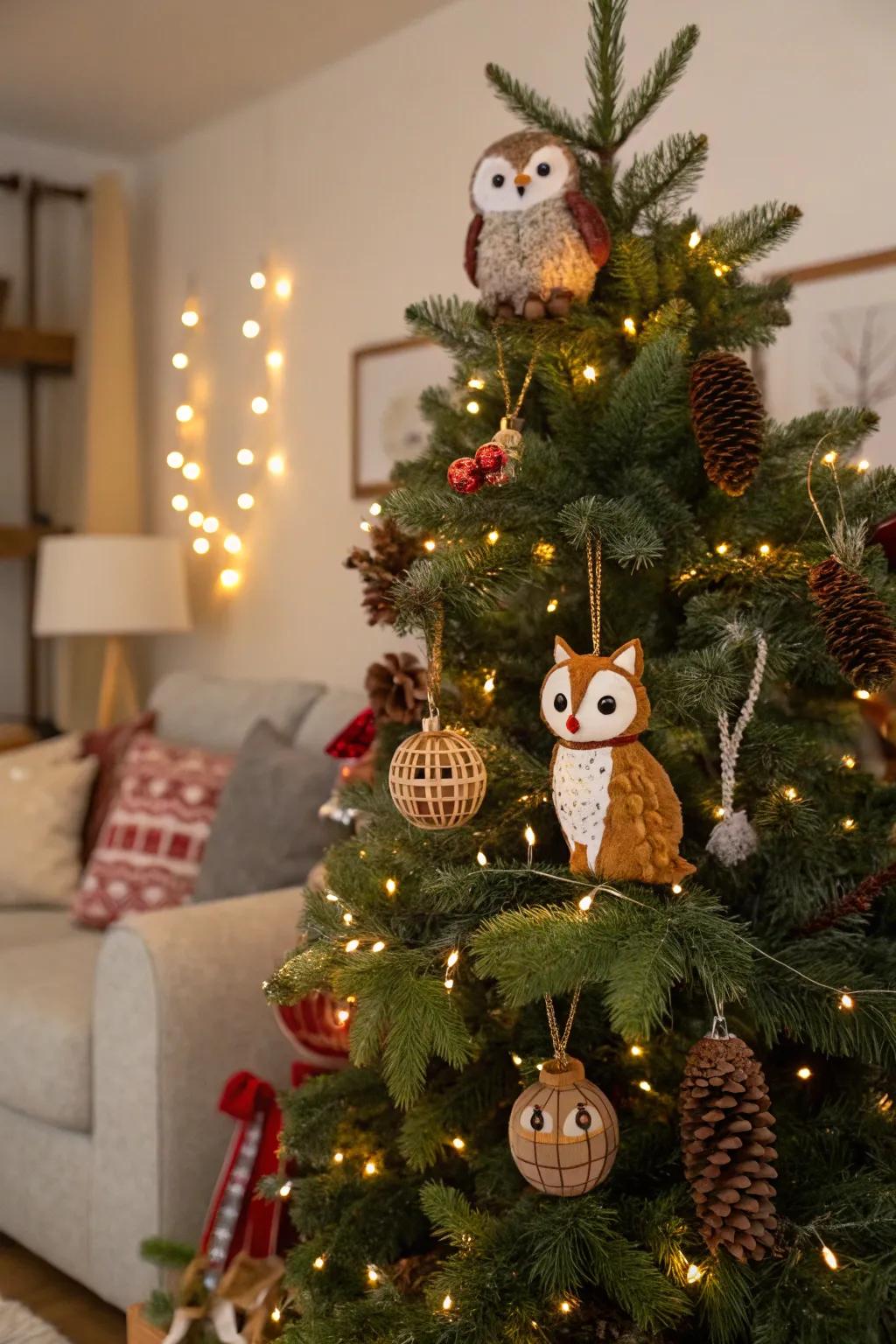 A whimsical holiday tree featuring bewitching forest dweller figures.