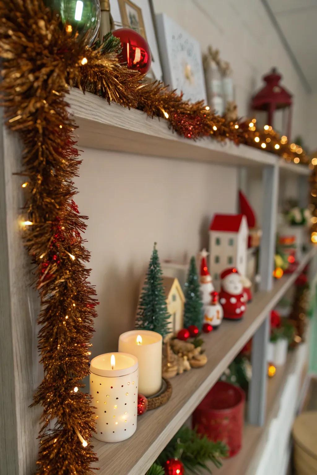 A shelf showcasing Yule collectibles accented with shimmer strands.
