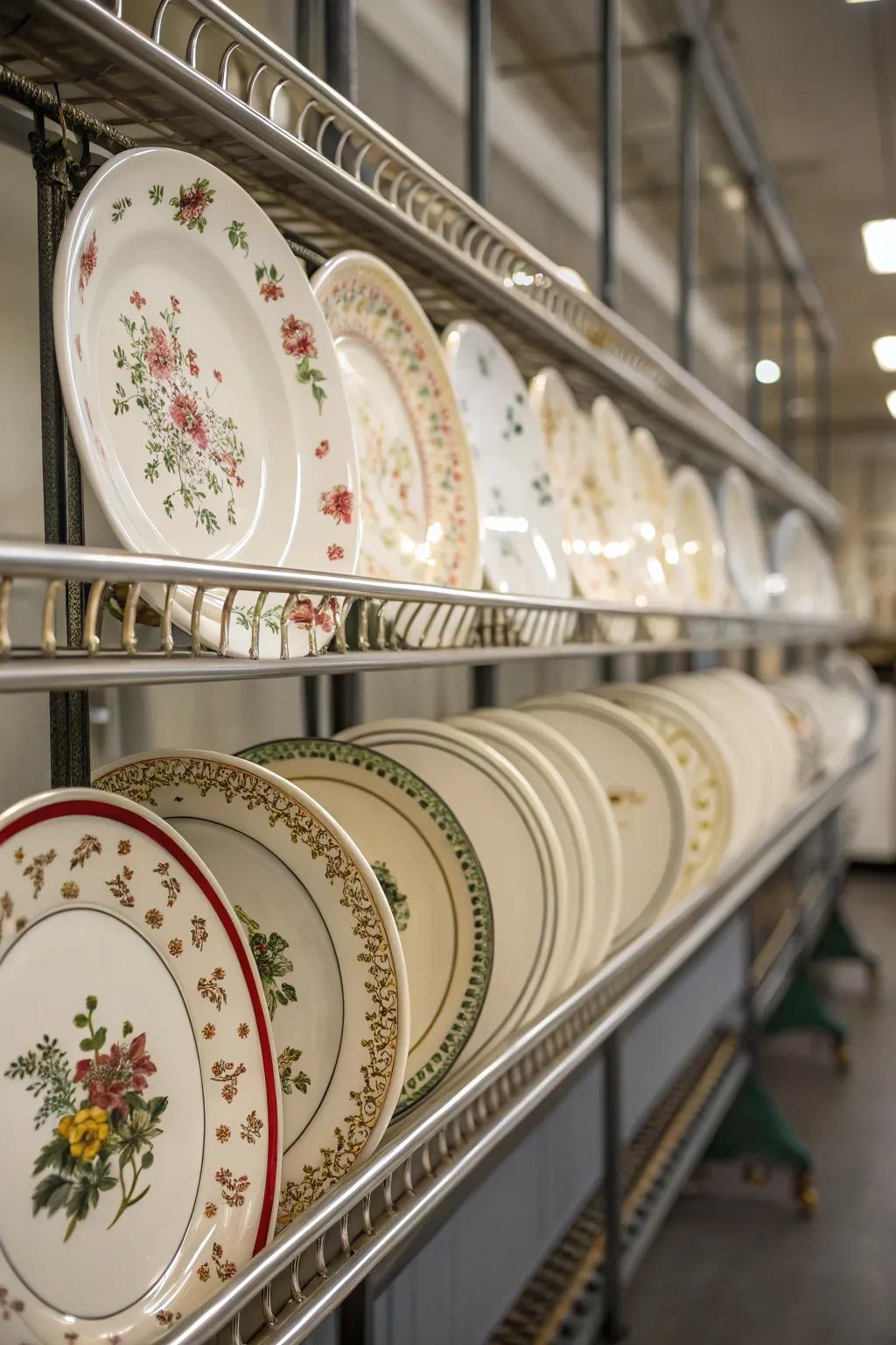 Hanging dish rails elegantly showcasing ornamental china dishes.