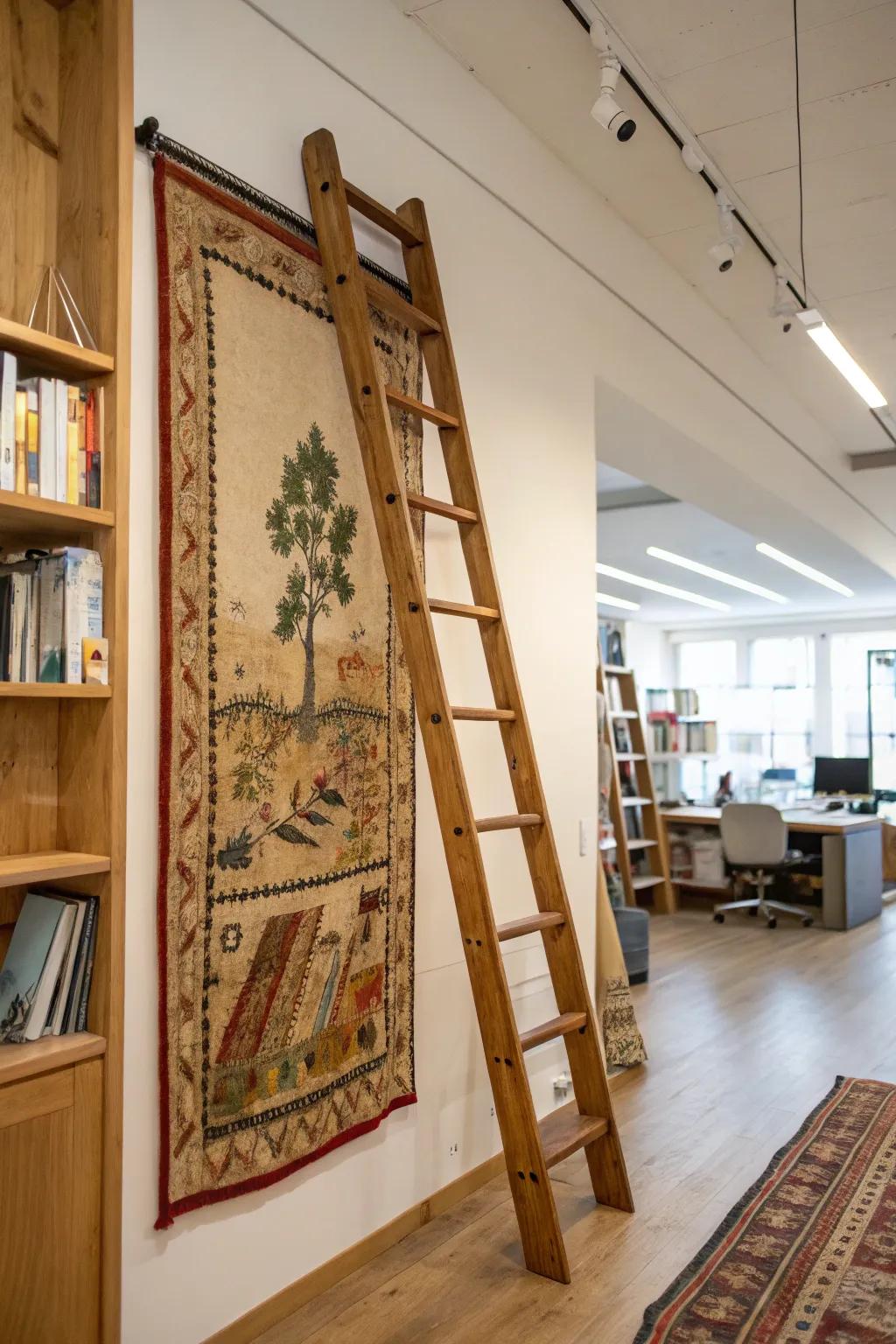 A ladder can furnish a distinctive and rustic textile presentation.
