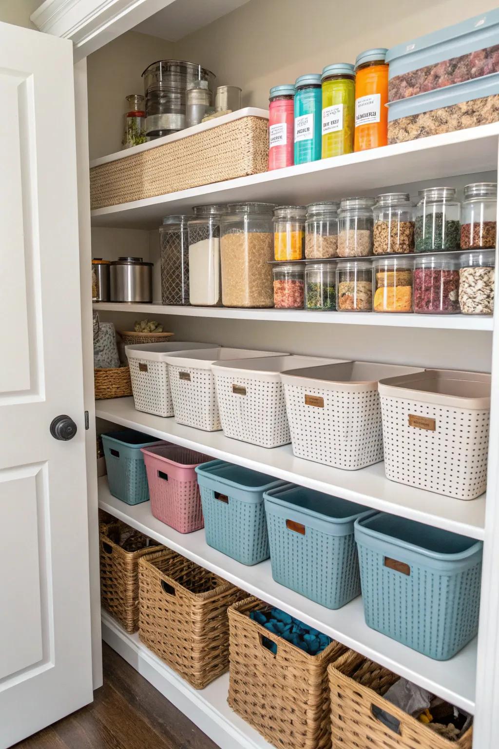 Uniform storage containers create a cohesive and orderly pantry.