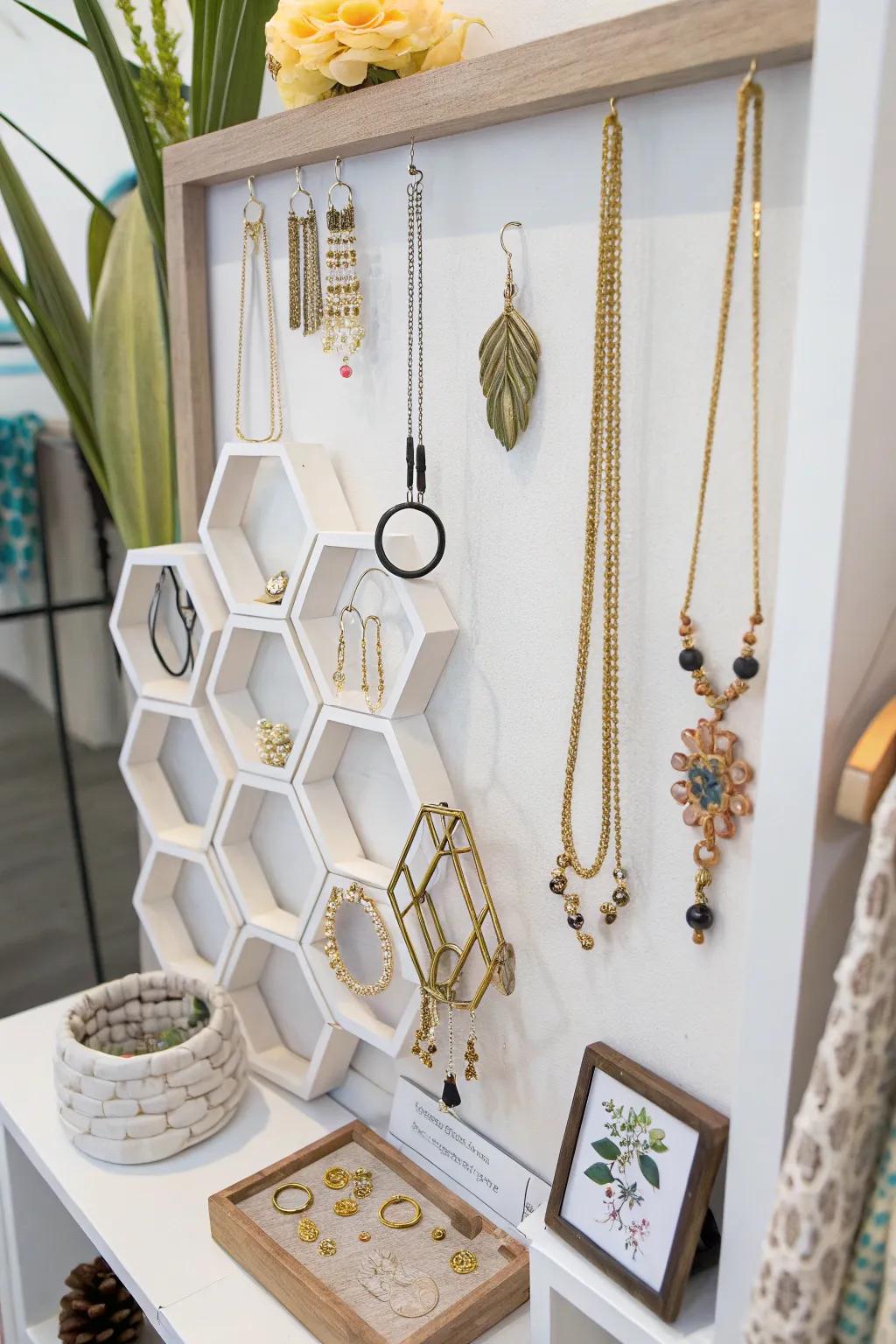 Merge function and artistry through hexagonal wall hangers.