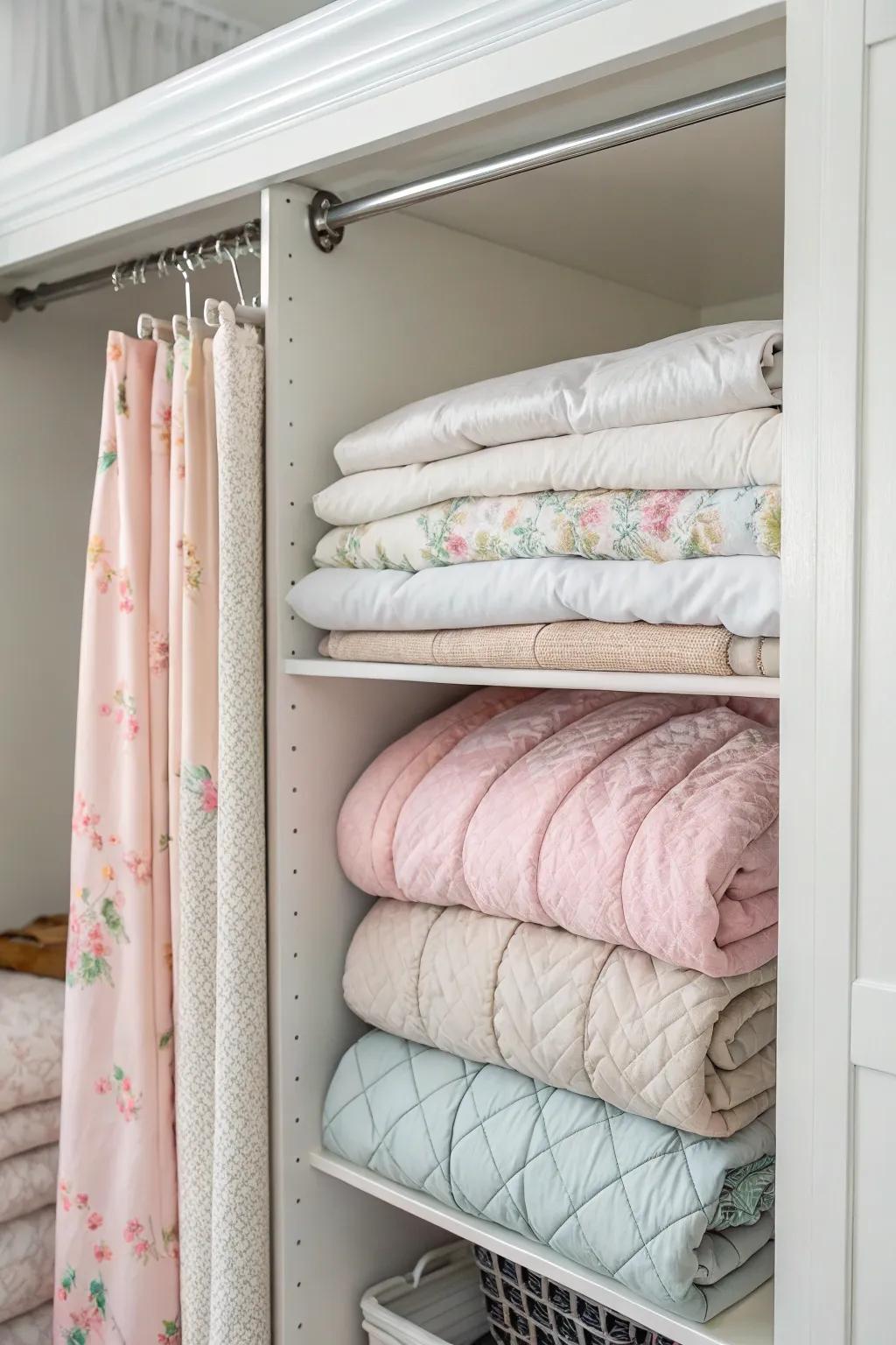 Comforters hanging over a rod in a closet.