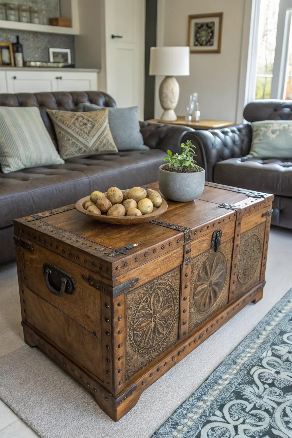 Classic chest imparting character through potato arrangement.